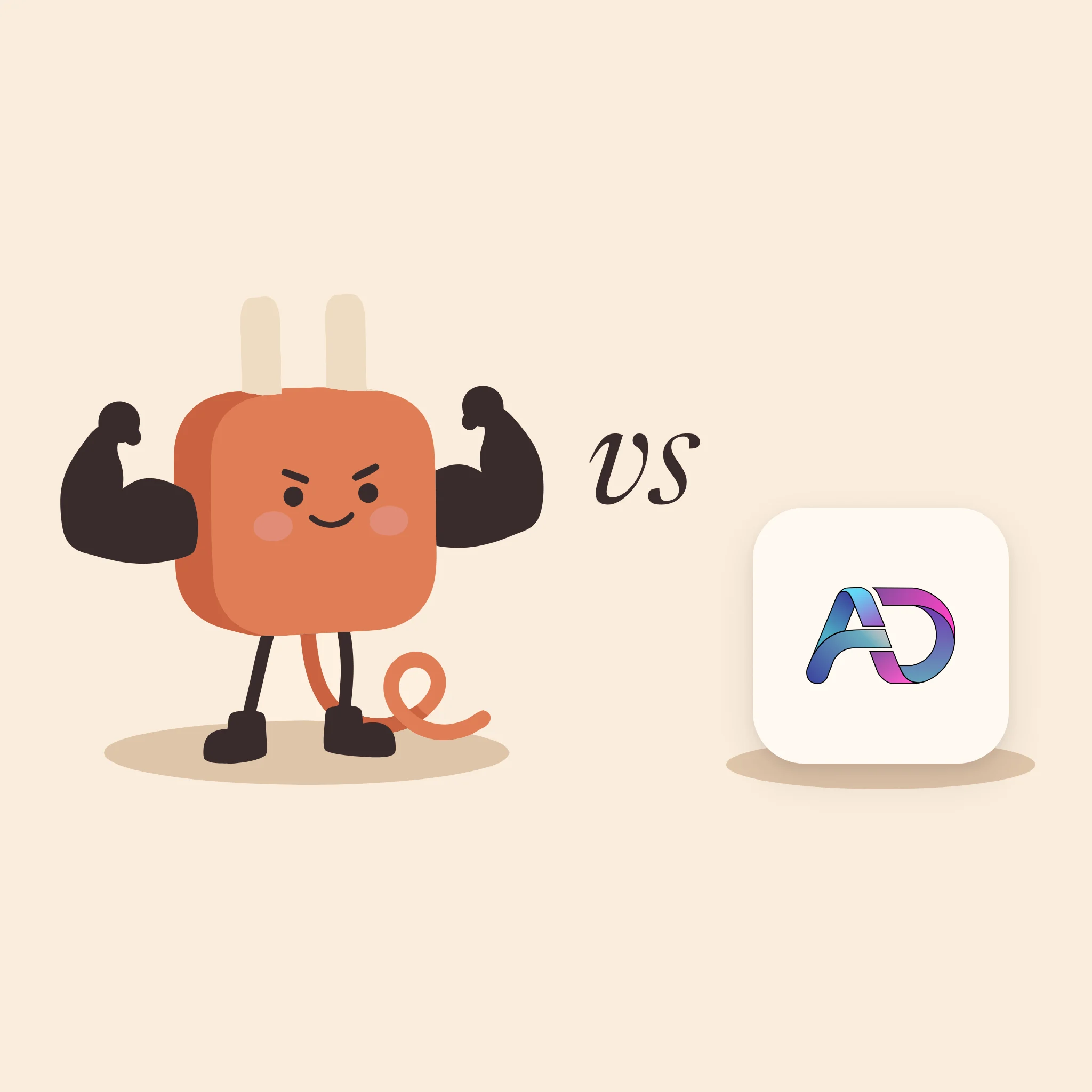 AdPlug's plug mascot flexing its arms, vs, and Adspirer's logo on a tile, on warm cream