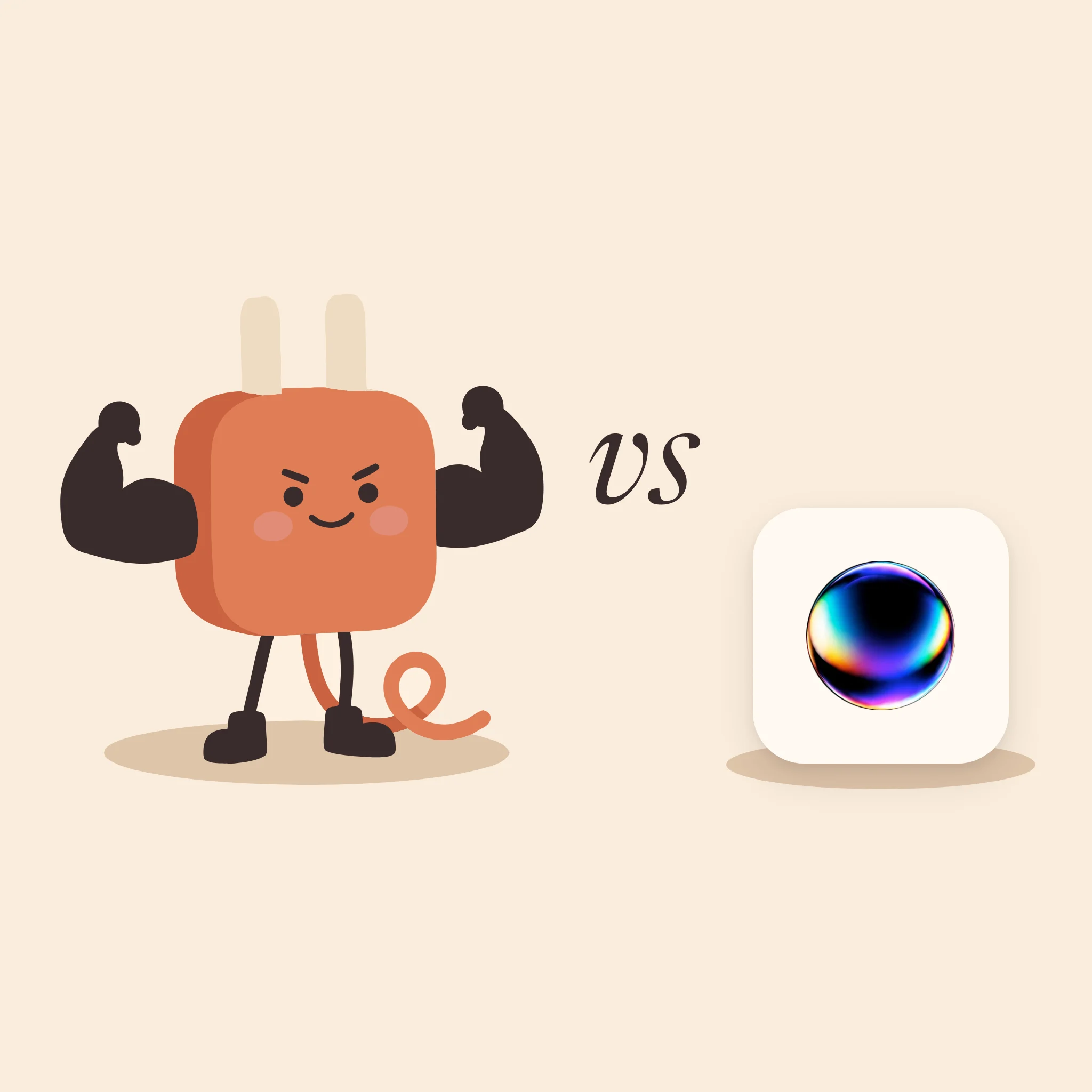 AdPlug's plug mascot flexing its arms, vs, and Pipeboard's orb logo on a tile, on warm cream
