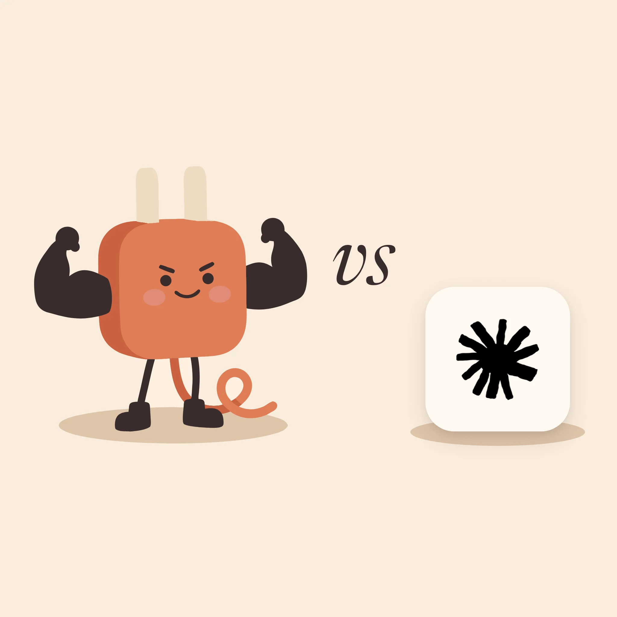 AdPlug's plug mascot flexing its arms, vs, and Ryze AI's logo on a tile, on warm cream
