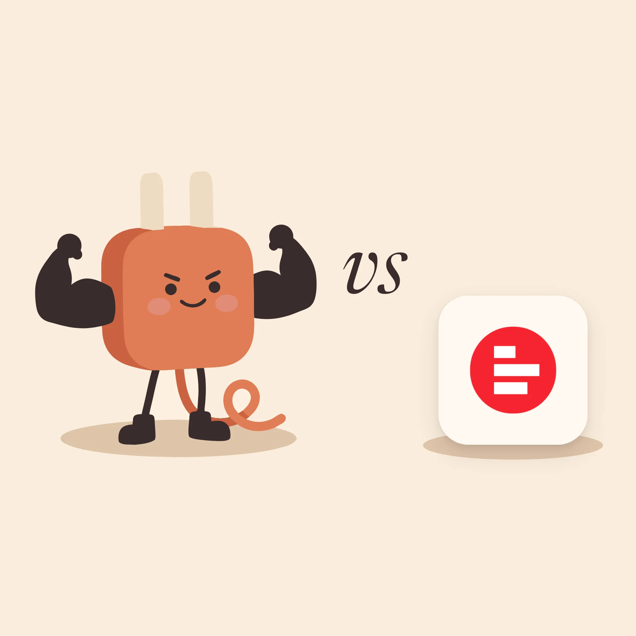 AdPlug's plug mascot flexing its arms, vs, and Supermetrics' red logo on a tile, on warm cream