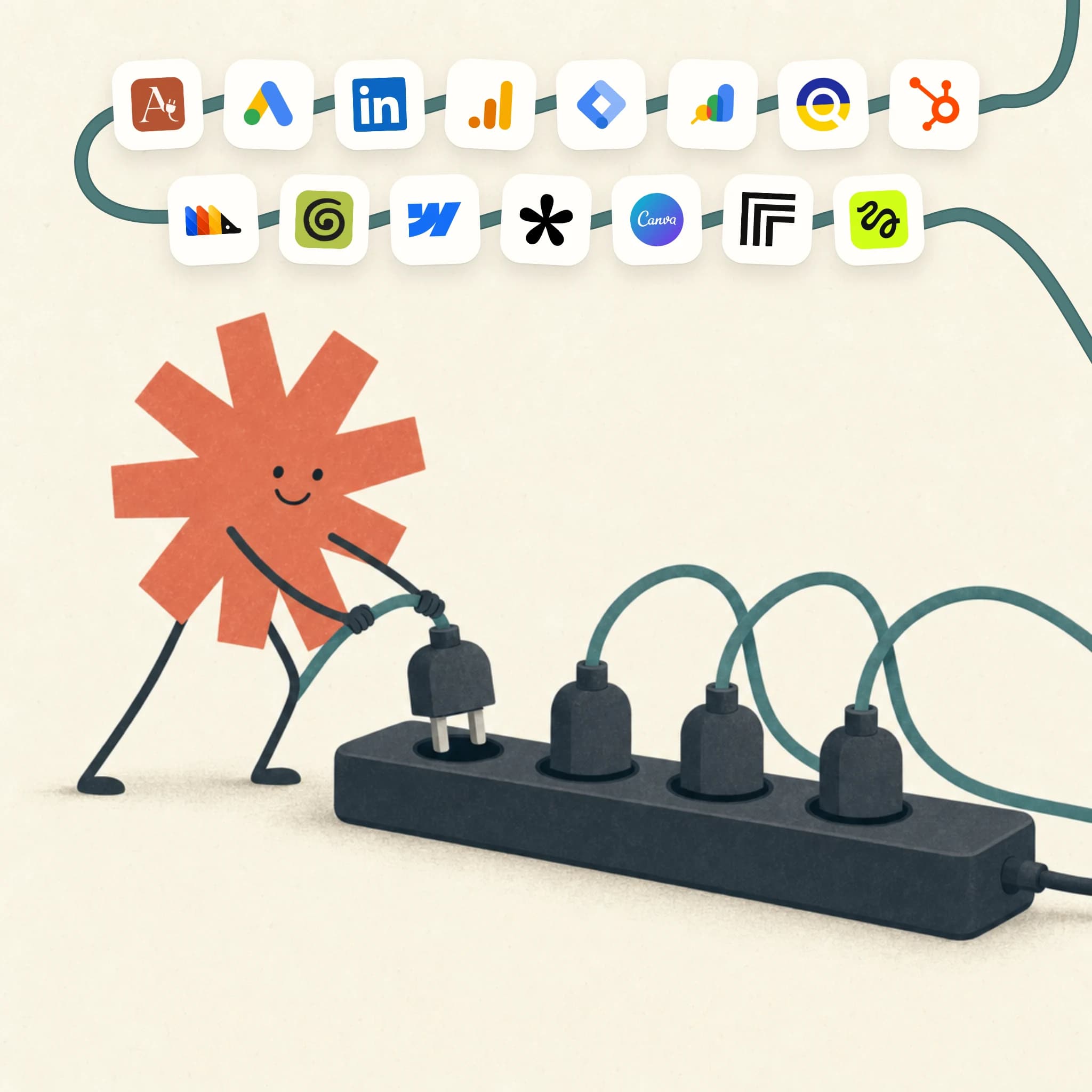 Flat illustration on warm cream: a coral asterisk character pushes a plug into a slate power strip, and above it one teal cable threads through fifteen logo tiles for AdPlug, Google Ads, LinkedIn, Google Analytics, Google Tag Manager, Search Console, DataForSEO, HubSpot, PostHog, Granola, Webflow, Tally, Canva, Replicate, and Higgsfield