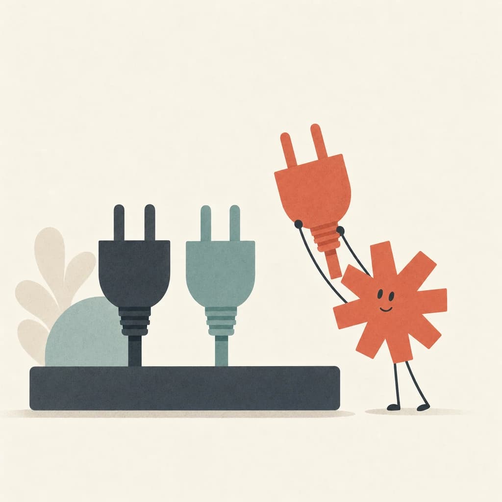 Minimal flat illustration on warm cream: a coral asterisk character lifting a coral two-prong plug from a shelf lineup of slate and teal plugs, choosing between them