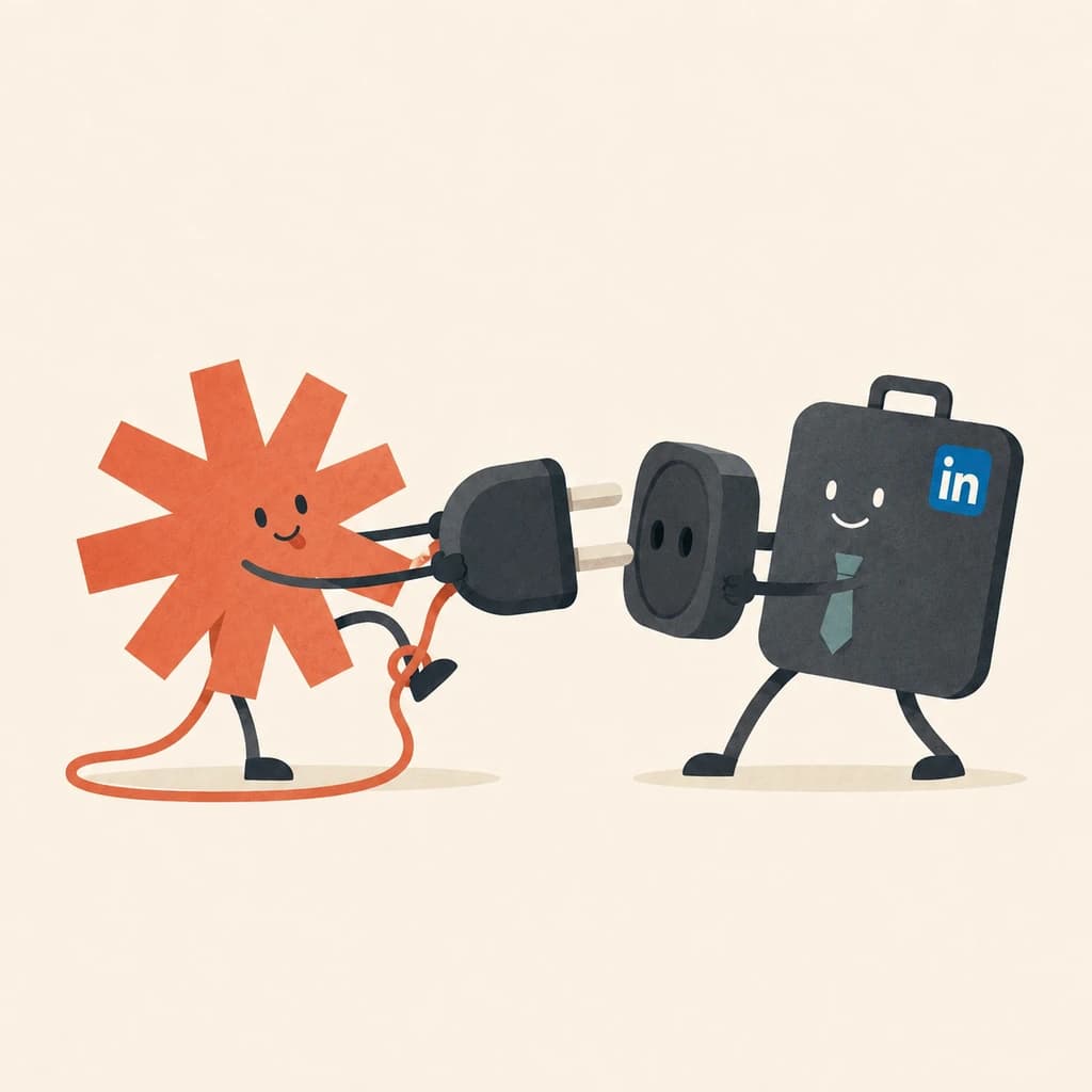 Minimal flat illustration on warm cream: a coral Claude asterisk with hands and legs tangled in a cable pushes an oversized plug toward a smiling slate LinkedIn briefcase character holding a socket, wearing a teal tie and blue LinkedIn badge