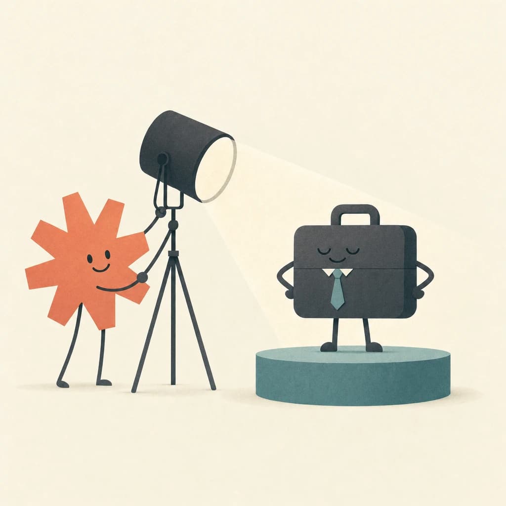 Minimal flat illustration on warm cream: a slate briefcase character with a teal necktie standing proudly on a round teal podium under a soft spotlight cone, with a coral asterisk character operating the spotlight on a tripod