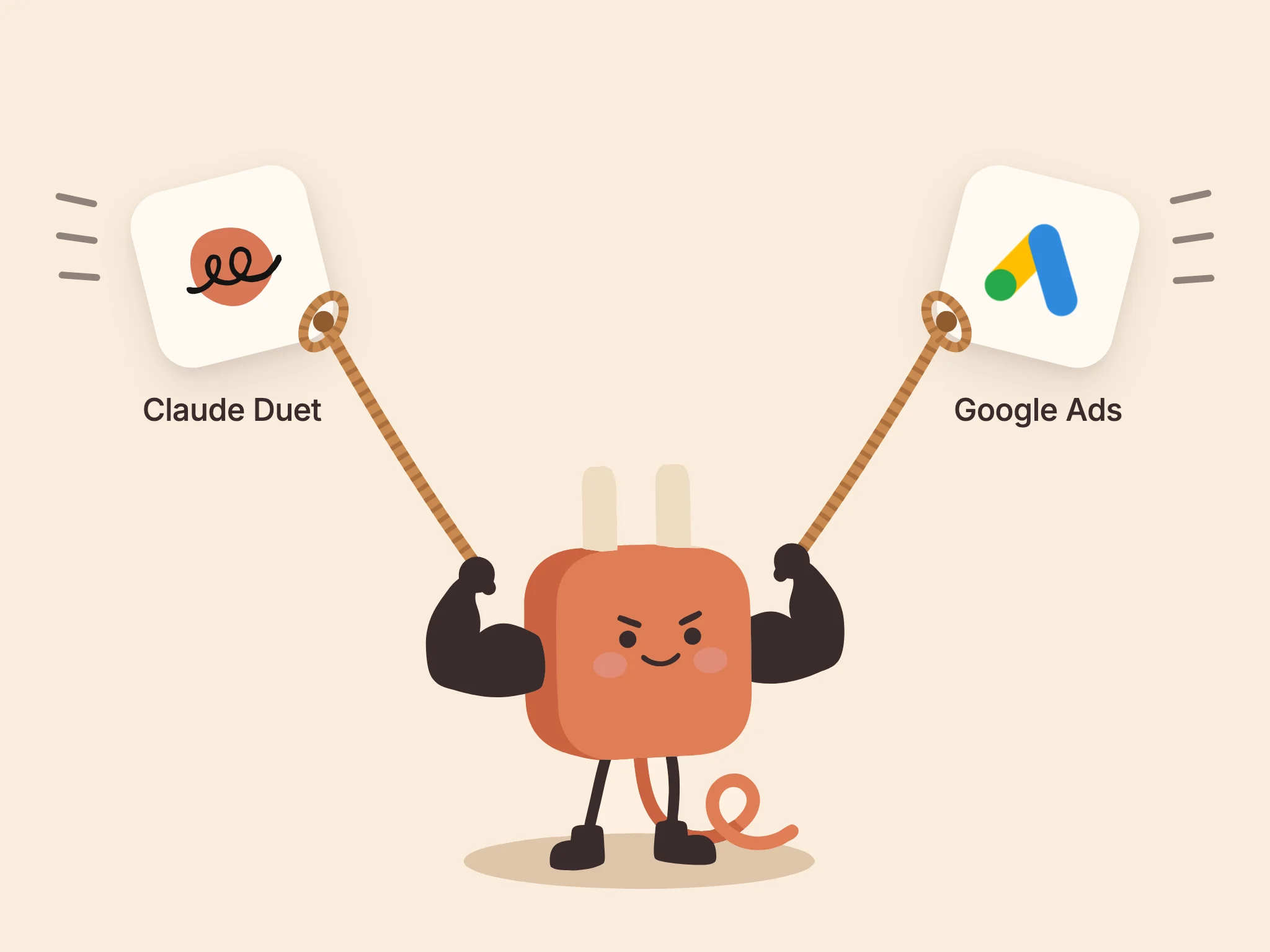 AdPlug's plug mascot standing its ground, holding the Claude Duet and Google Ads logos on ropes as they try to fly off.