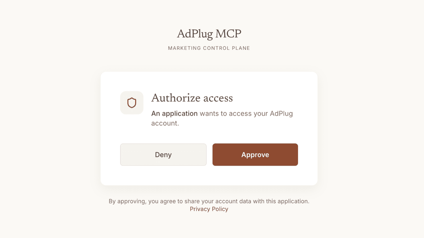 AdPlug MCP Authorize access screen with Approve and Deny buttons.
