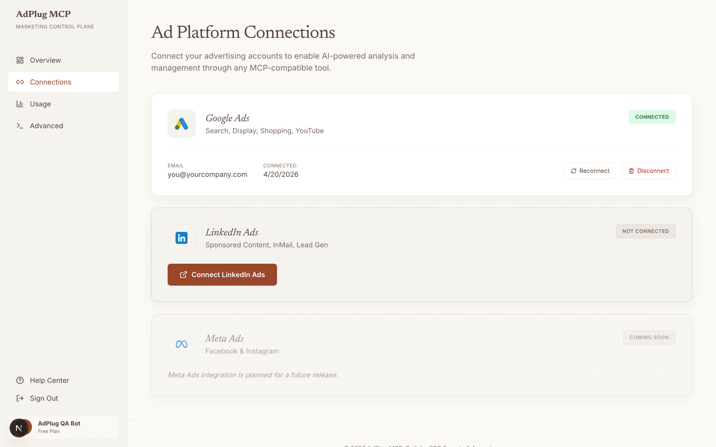 AdPlug Connections page showing Google Ads connected with the Reconnect and Disconnect buttons.