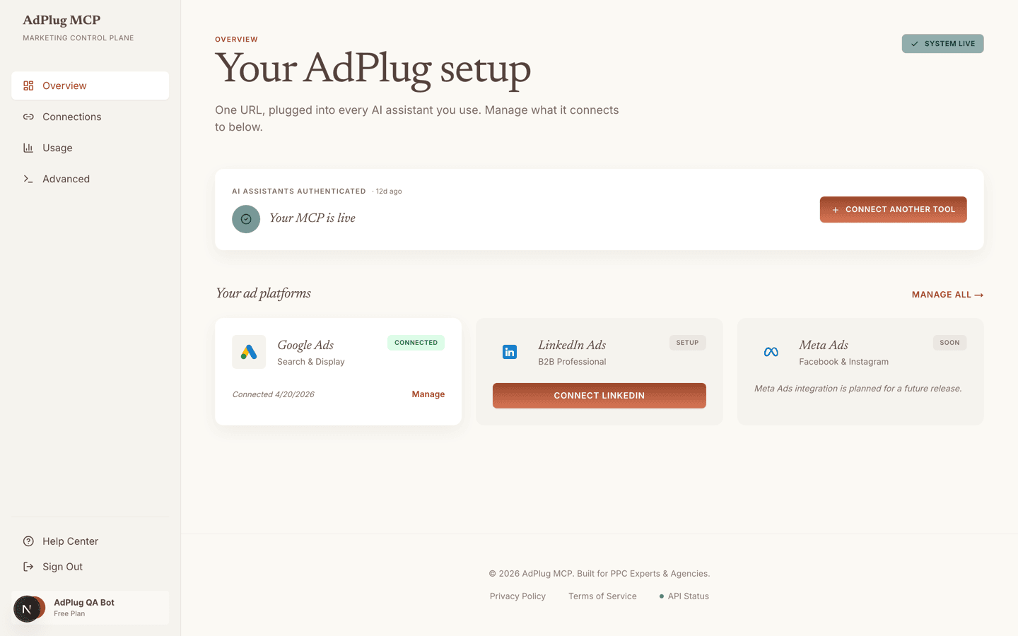 AdPlug dashboard overview showing the Google Ads, LinkedIn Ads and Meta Ads connection cards.