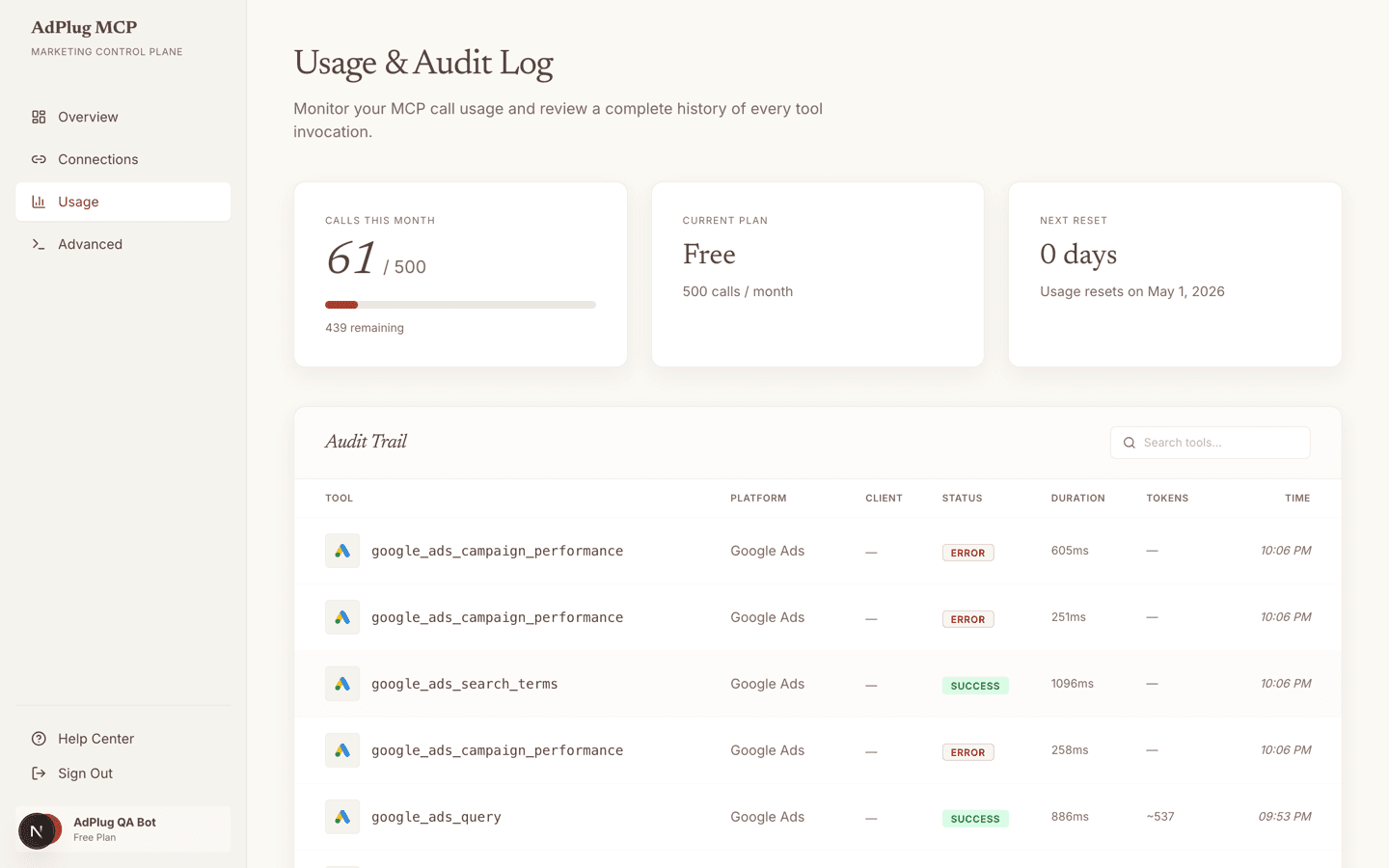 AdPlug Usage and Audit Log page showing calls this month, current plan, next reset date, and a table of recent tool invocations.