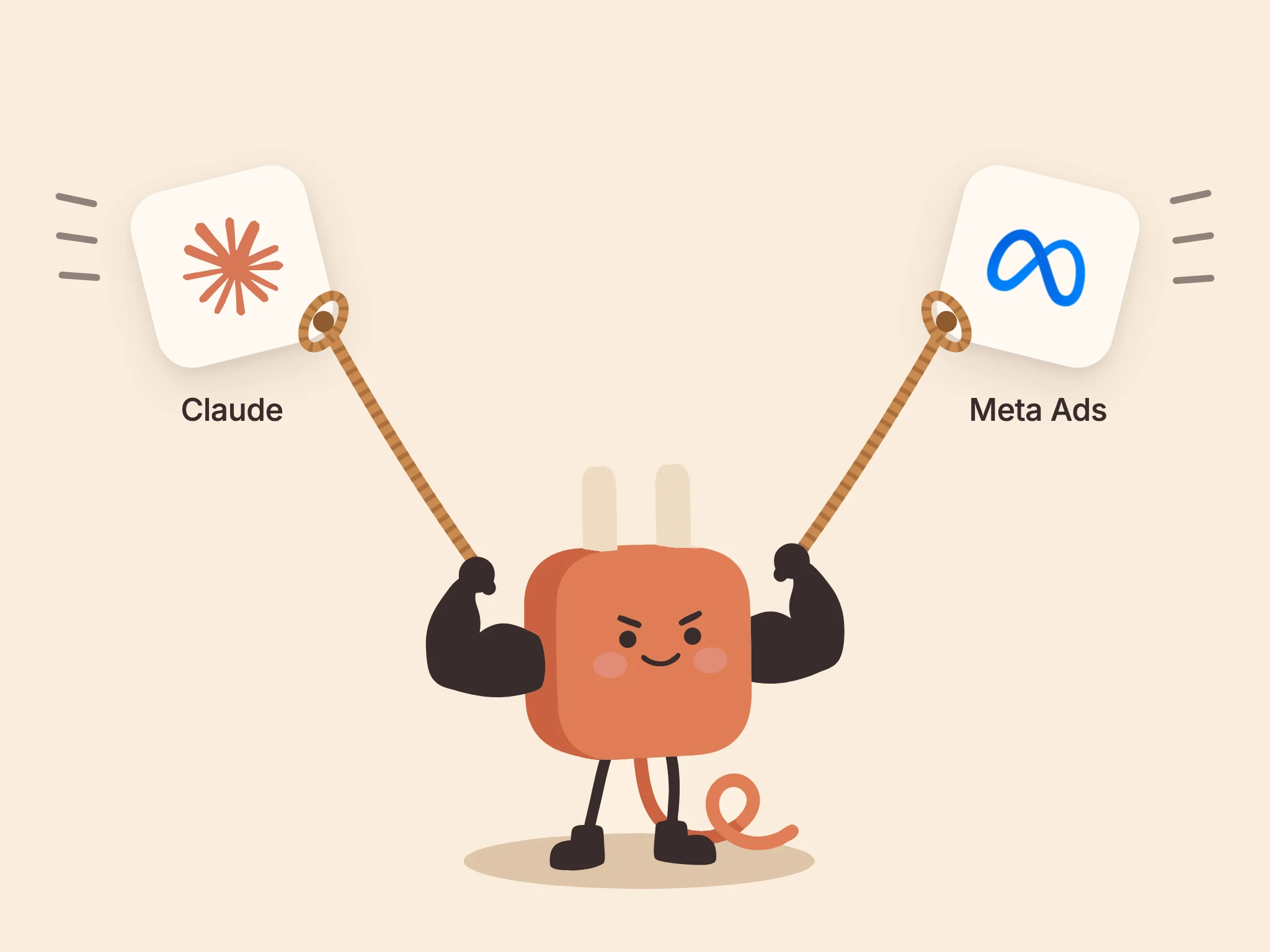 AdPlug's plug mascot standing its ground, holding the Claude and Meta Ads logos on ropes as they try to fly off.
