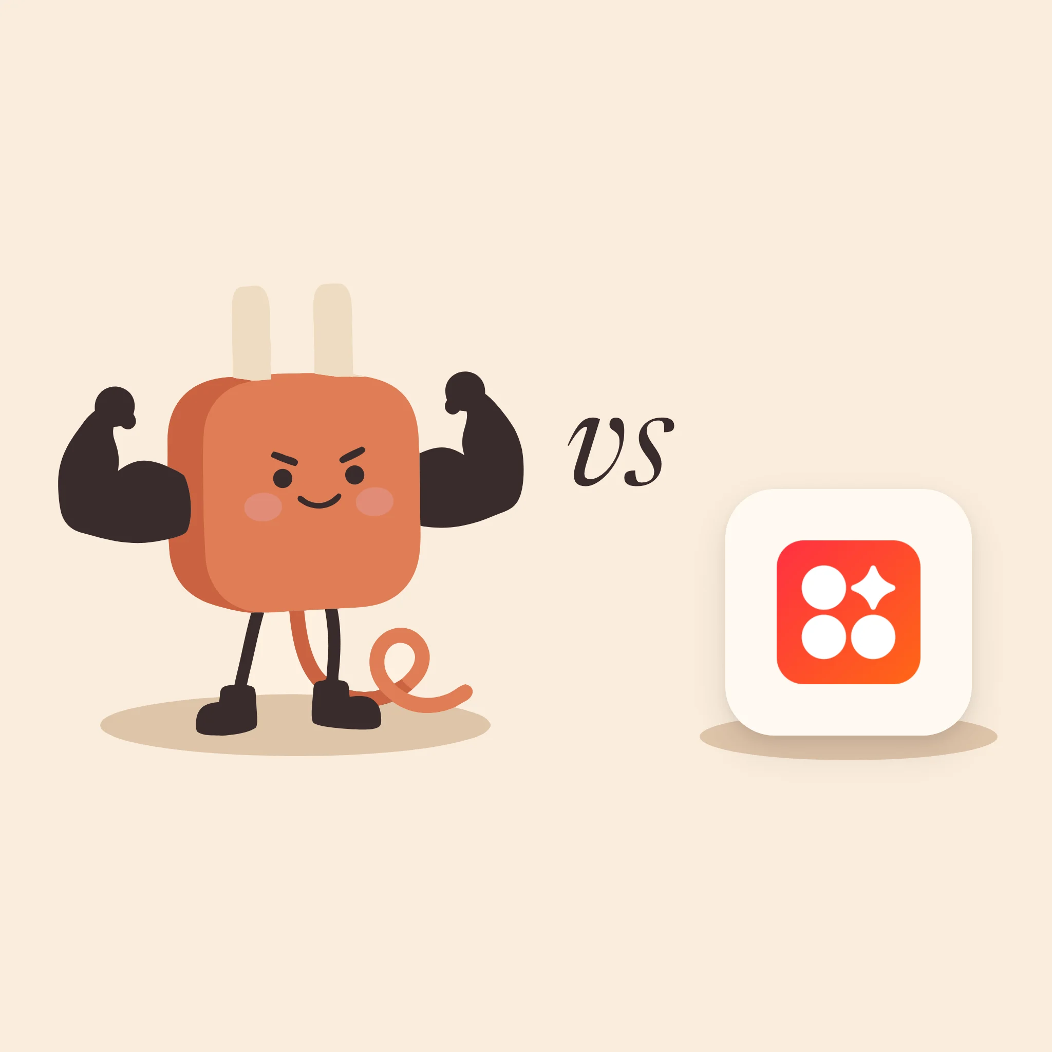 AdPlug's plug mascot flexing its arms, vs, and AdKit's red logo on a tile, on warm cream