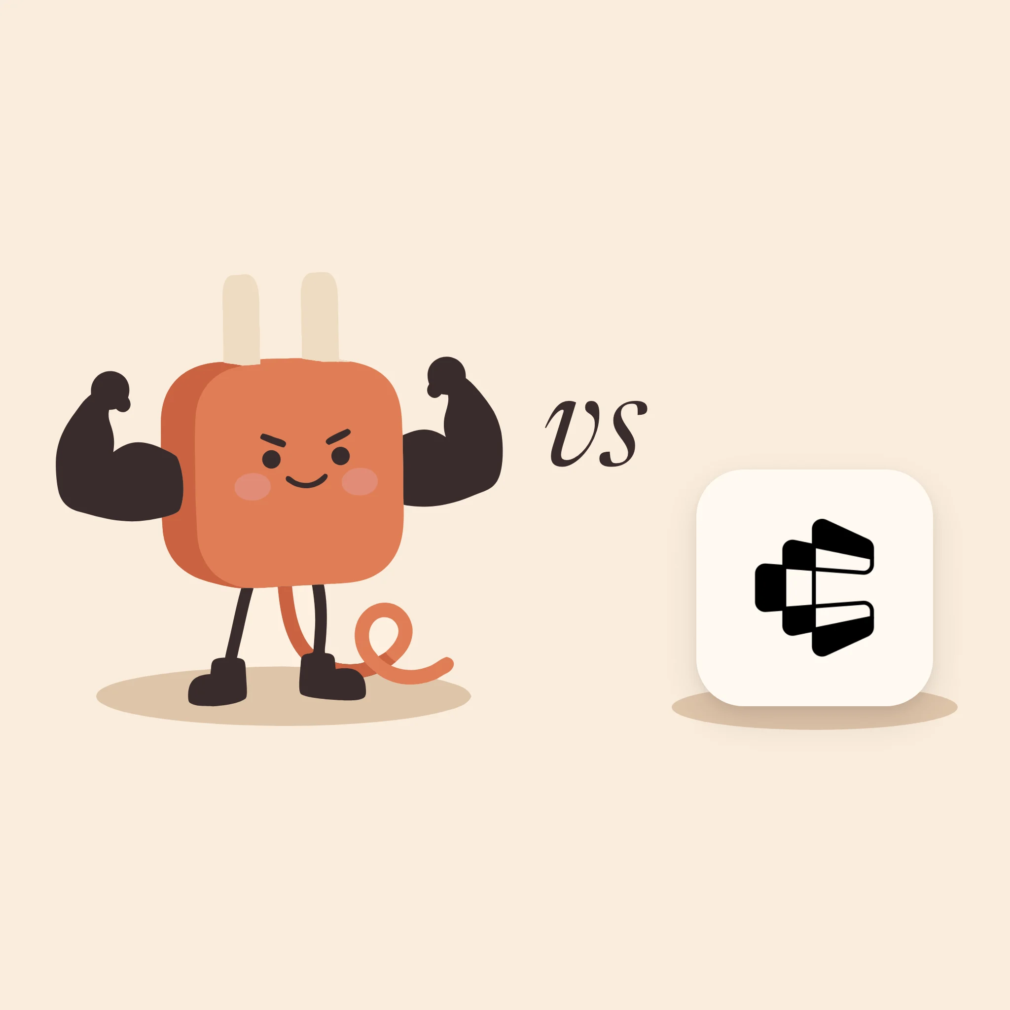 AdPlug's plug mascot flexing its arms, vs, and Composio's black logo on a tile, on warm cream