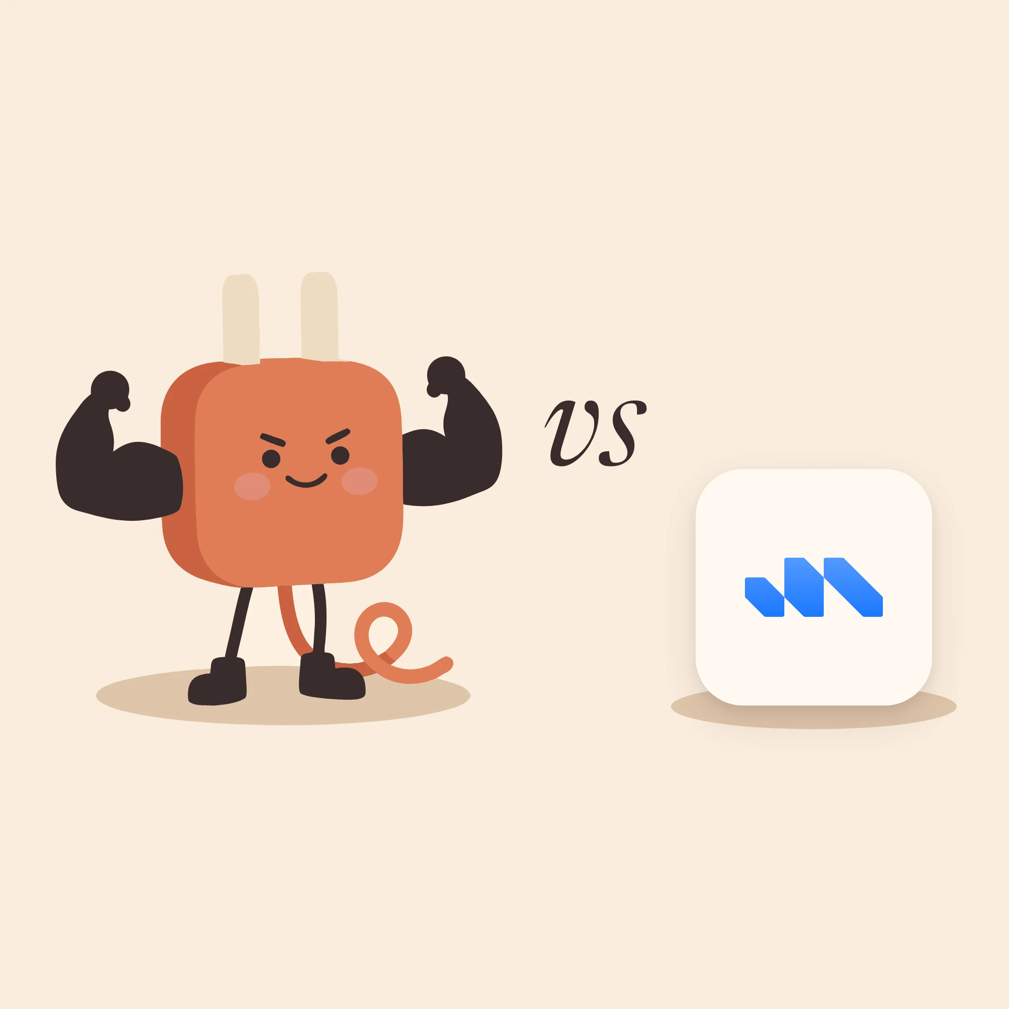 AdPlug's plug mascot flexing its arms, vs, and Markifact's logo on a tile, on warm cream