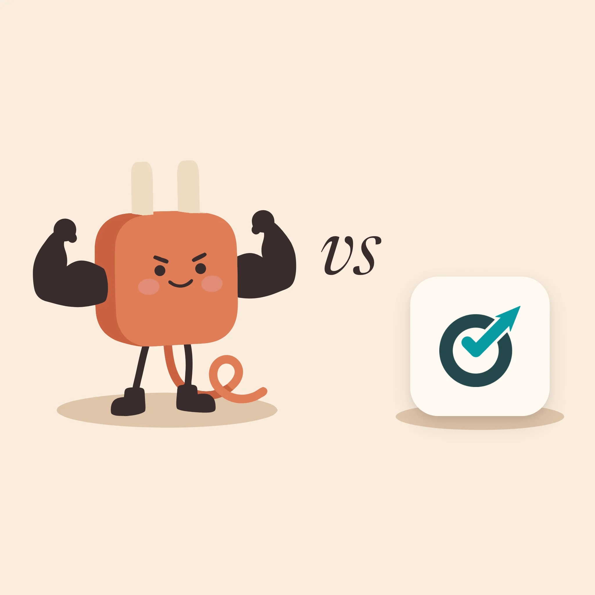AdPlug's plug mascot flexing its arms, vs, and Optmyzr's teal and slate logo on a tile, on warm cream