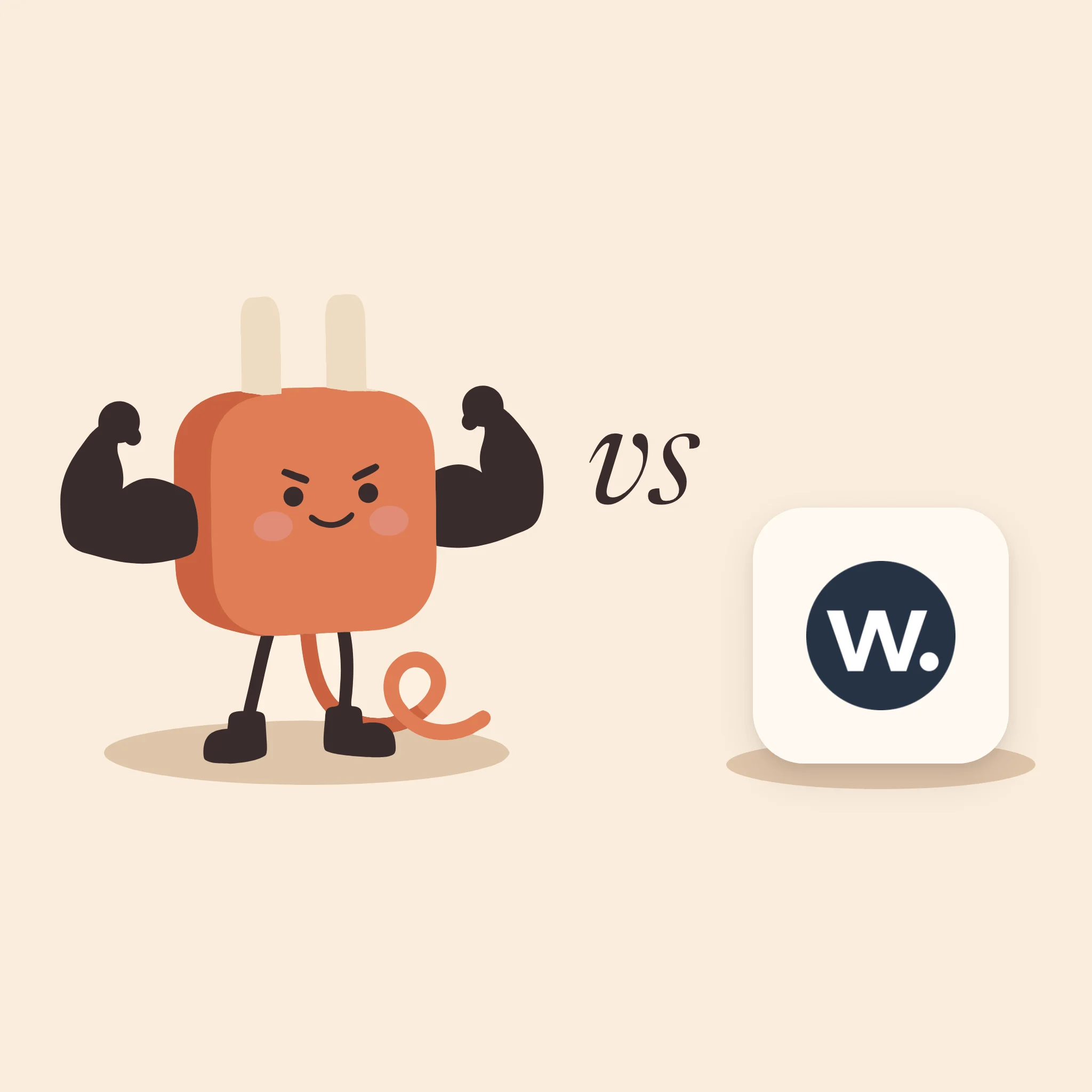 AdPlug's plug mascot flexing its arms, vs, and Windsor.ai's dark W. logo on a tile, on warm cream