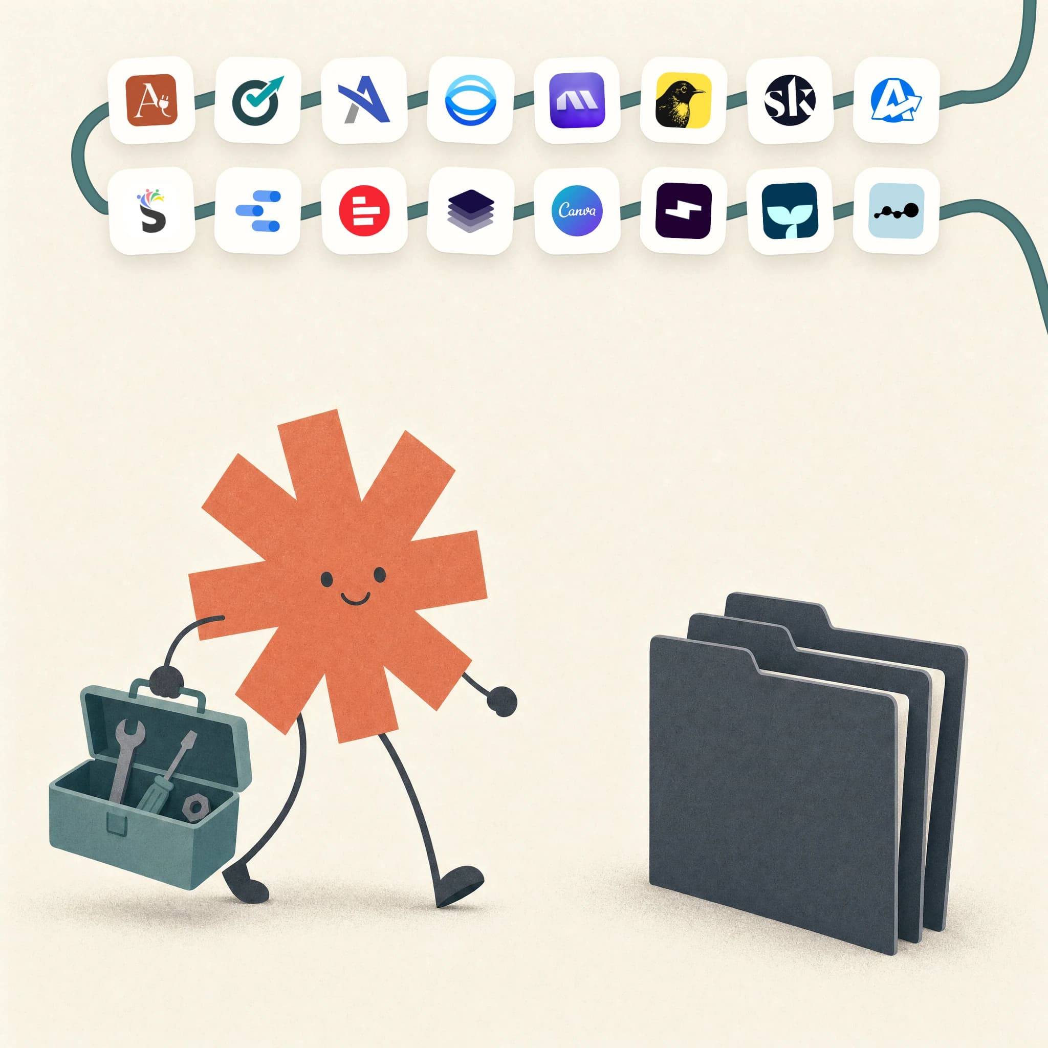 Flat illustration on warm cream: a coral asterisk character carries an open teal toolbox towards a stack of three slate folders, and above it a teal cable threads through sixteen logo tiles for AdPlug, Optmyzr, Adalysis, Opteo, Madgicx, Birch, Skai, AgencyAnalytics, Swydo, Data Studio, Supermetrics, AdCreative.ai, Canva, Smartly, Triple Whale, and Dreamdata