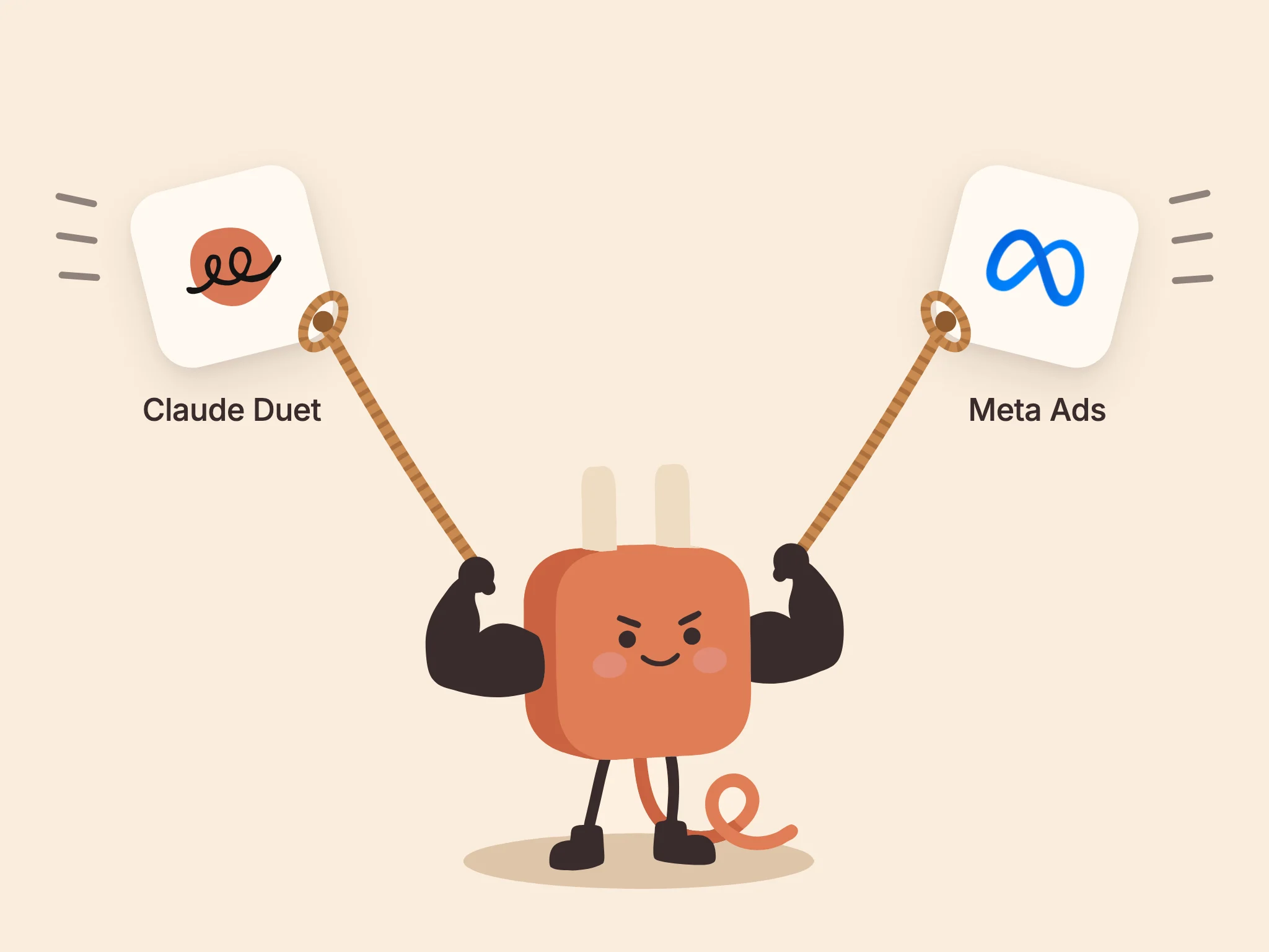 AdPlug's plug mascot standing its ground, holding the Claude Duet and Meta Ads logos on ropes as they try to fly off.
