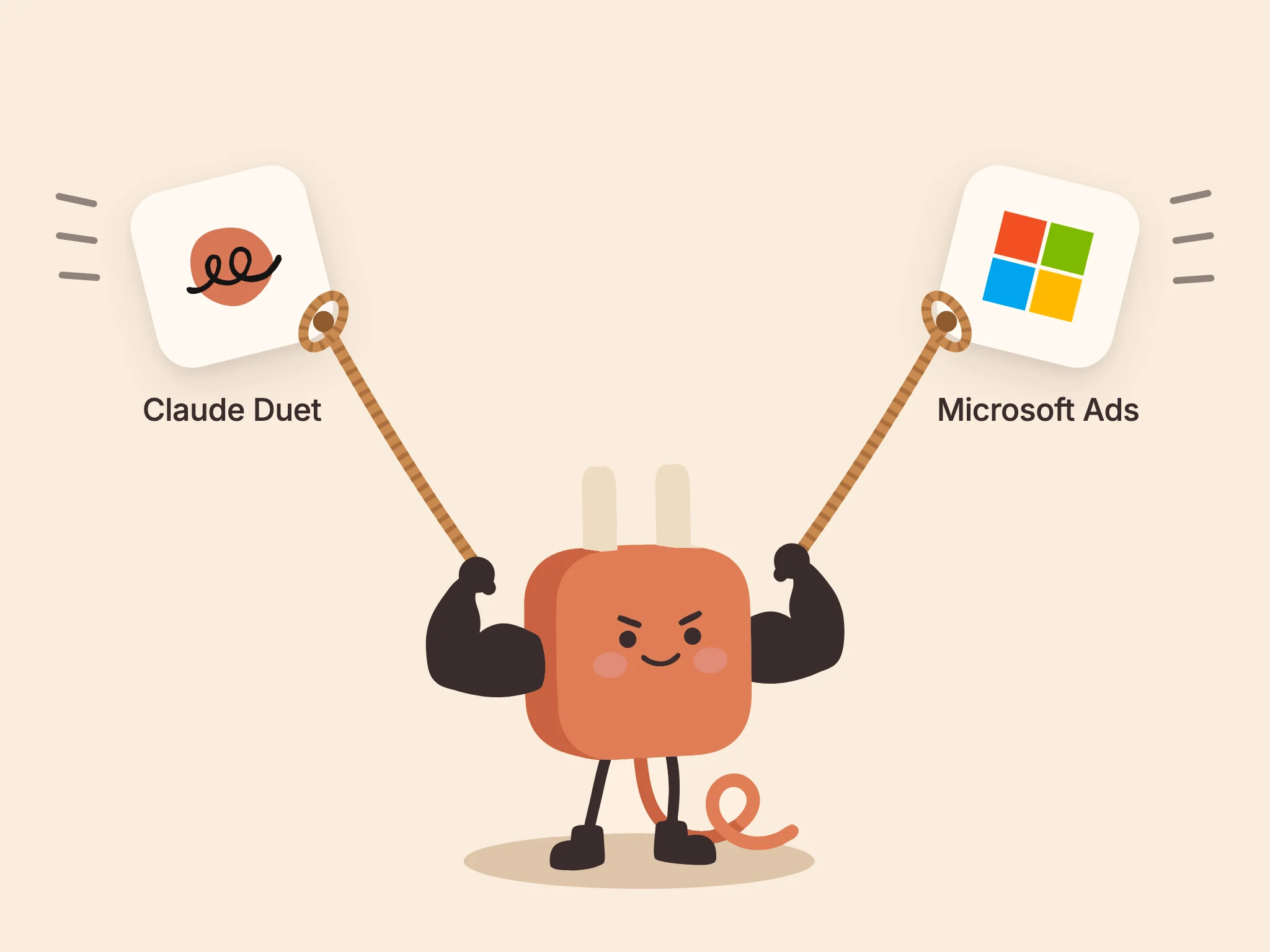 AdPlug's plug mascot standing its ground, holding the Claude Duet and Microsoft Ads logos on ropes as they try to fly off.