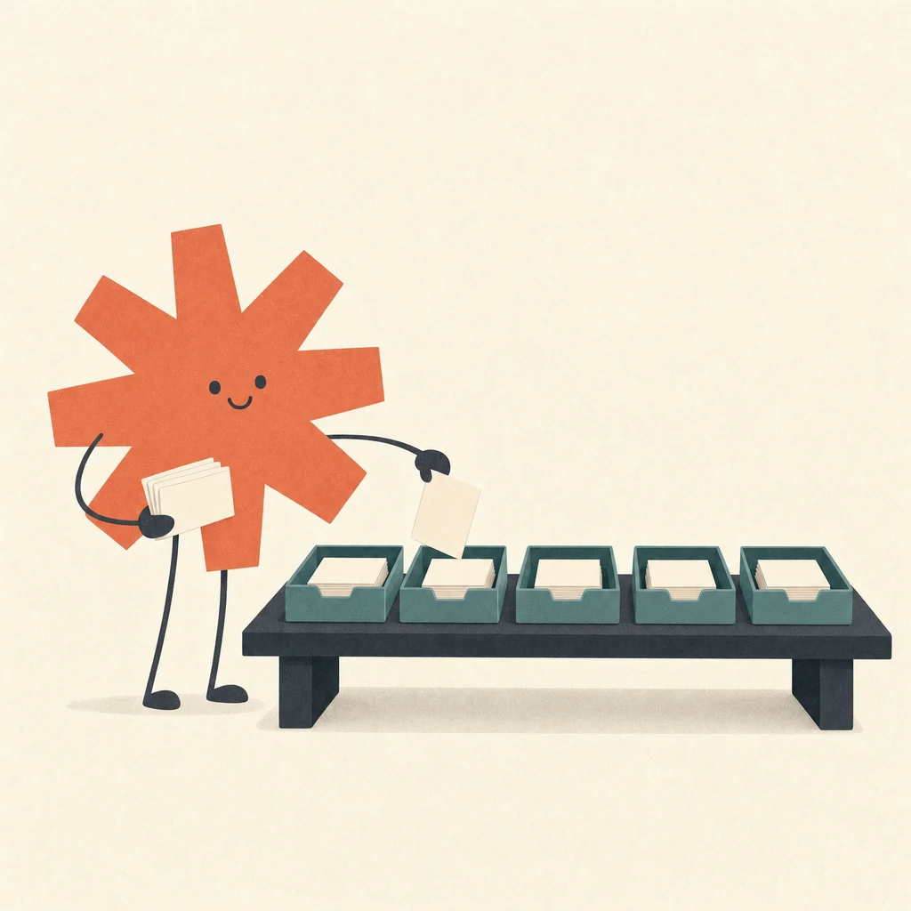 Minimal flat illustration on warm cream: a coral asterisk character with thin legs drops cream cards one at a time into a row of five teal trays on a low slate table