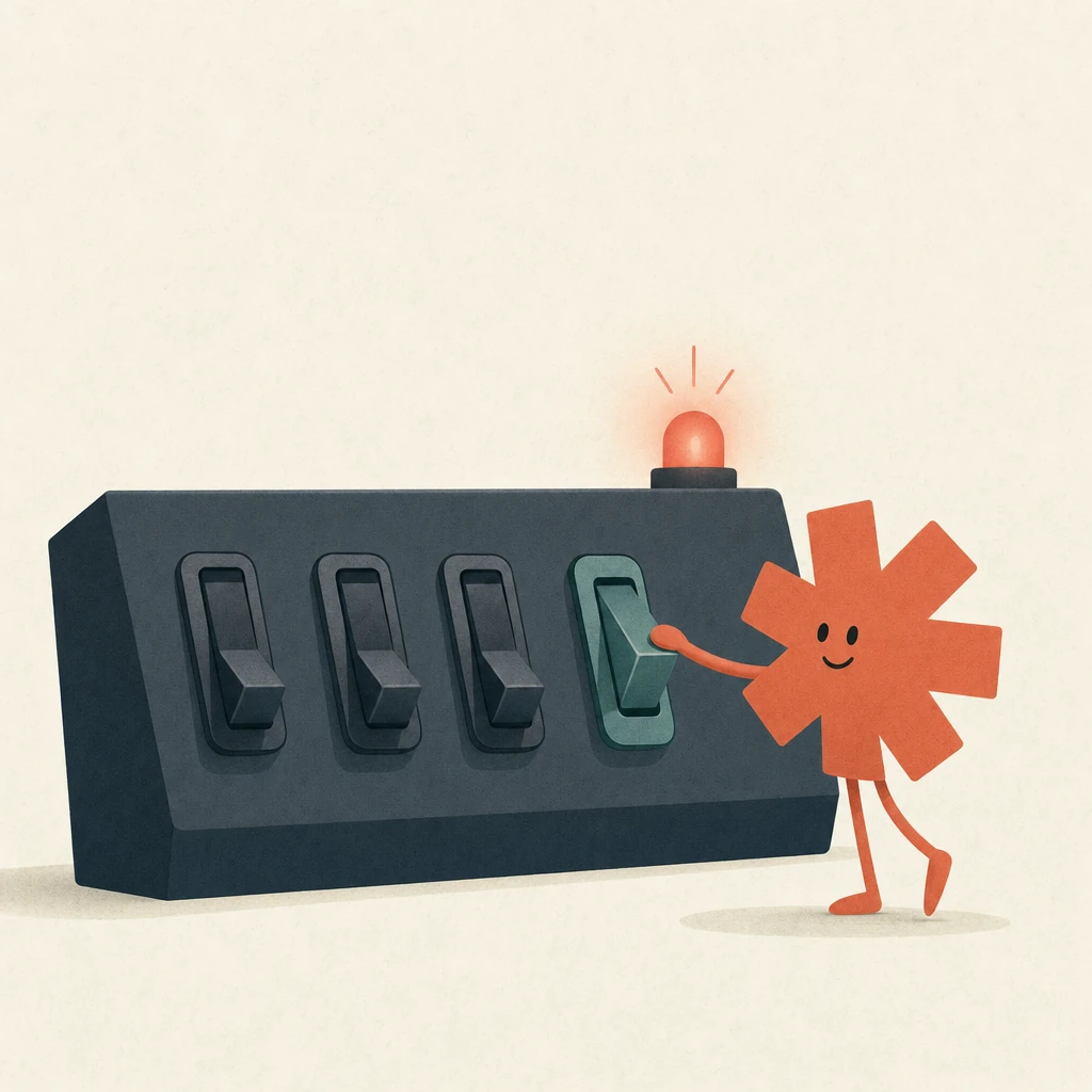 Minimal flat illustration on warm cream: a coral asterisk character reaches up to flip the last of four chunky toggle switches on a slate control panel, while a small coral warning light glows above it
