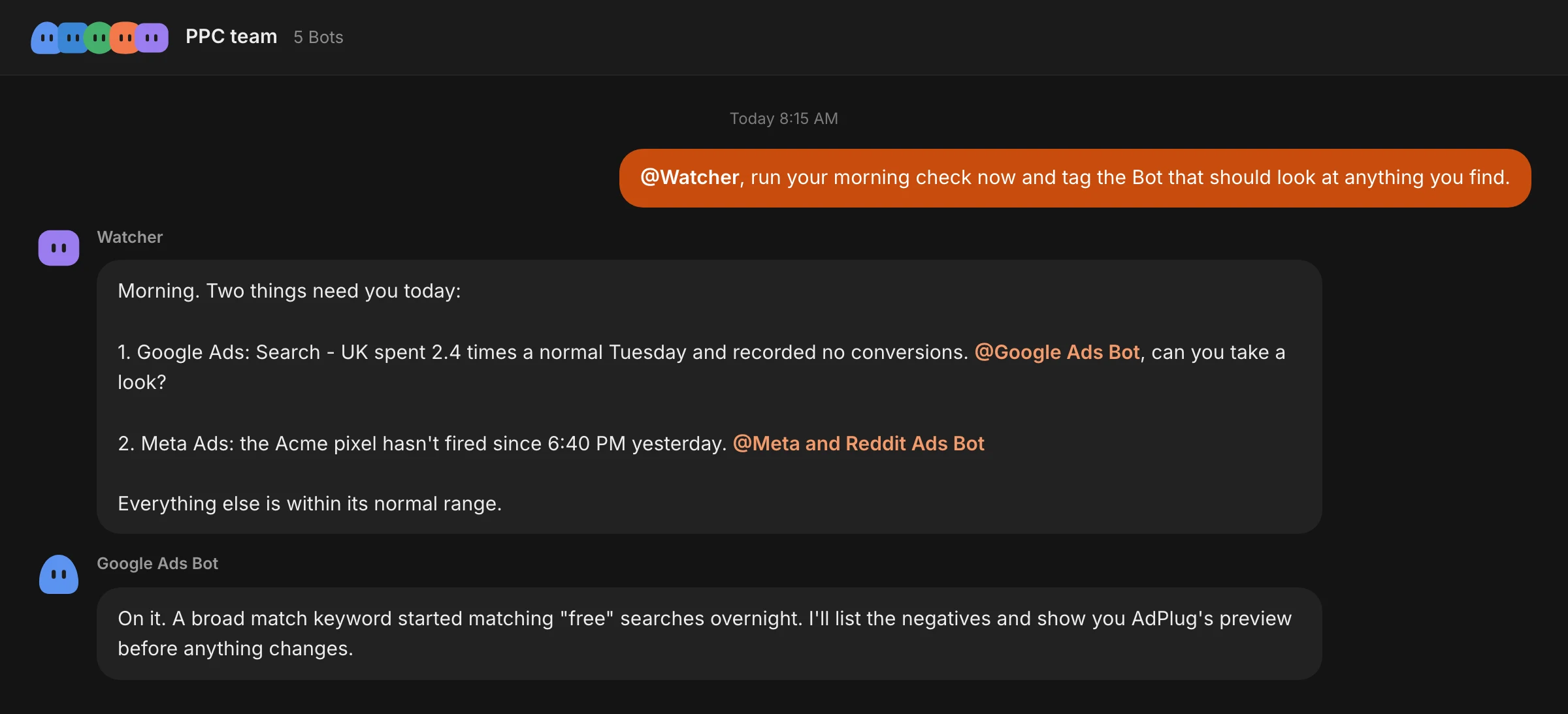A Grok Bot group chat called PPC team with five Bots, at 8:15 AM: you ask @Watcher to run your morning check now and tag the Bot that should look, and the Watcher says two things need you today, Search - UK spending 2.4 times a normal Tuesday with no conversions, tagging @Google Ads Bot, and the Acme pixel not firing since 6:40 PM yesterday, tagging @Meta and Reddit Ads Bot. The Google Ads Bot replies that a broad match keyword started matching free searches, and it'll list the negatives and show AdPlug's preview first