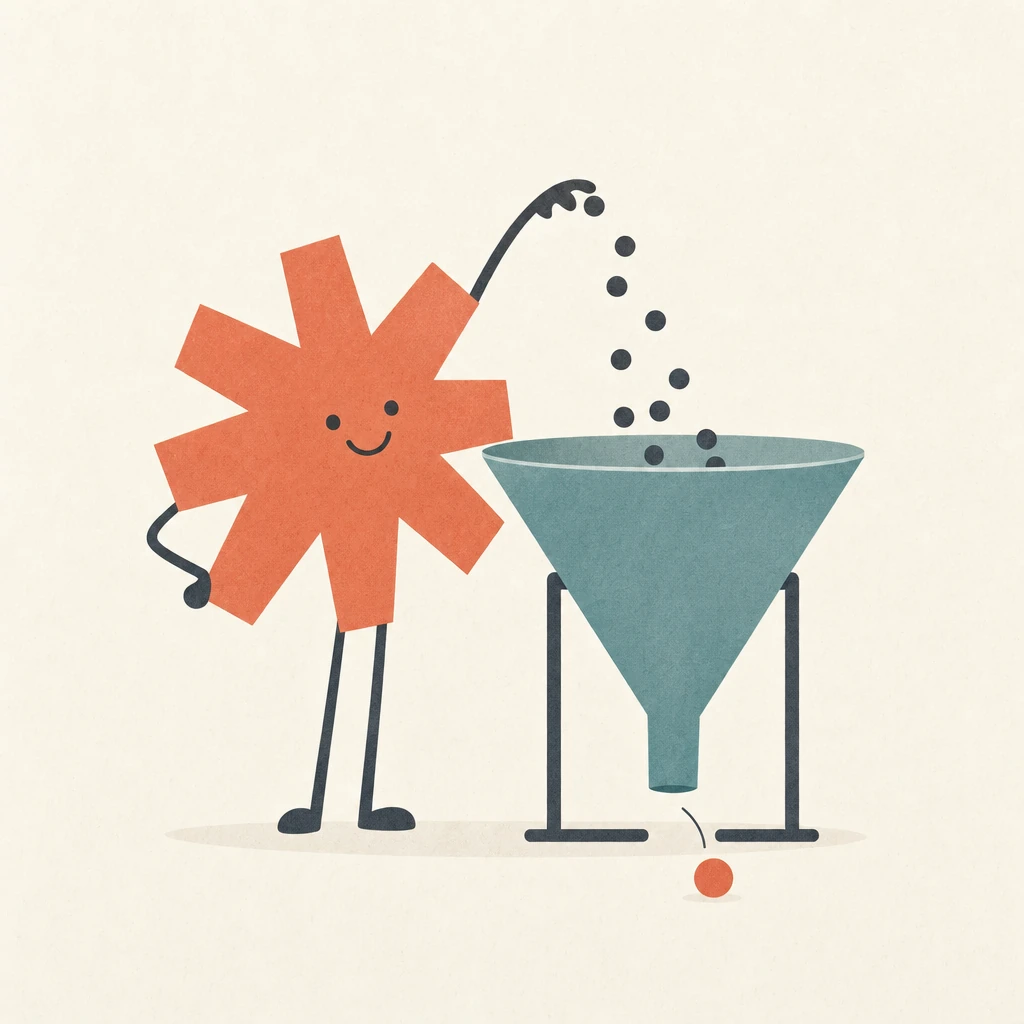 Minimal flat illustration on warm cream: a coral asterisk character with thin legs drops small slate dots into a wide teal funnel on a stand, and a single coral dot rolls out of the bottom