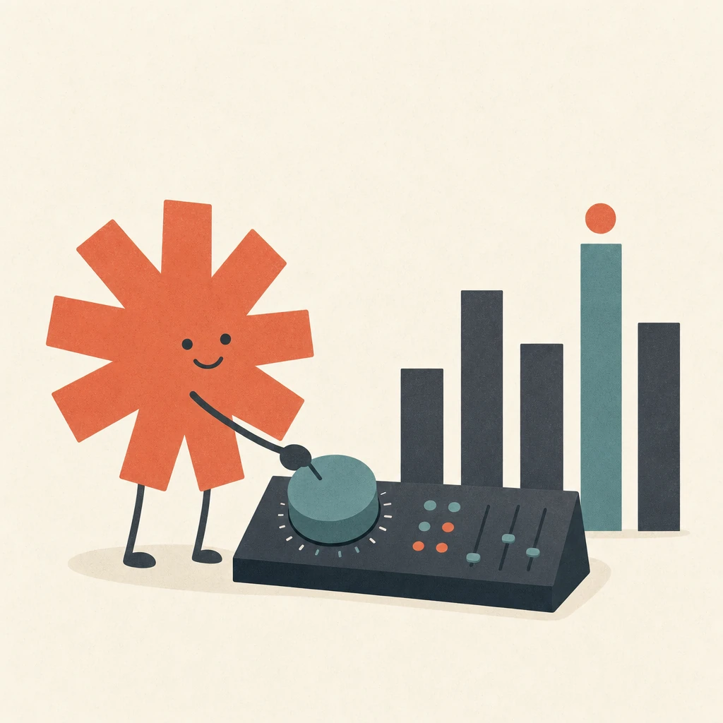 Minimal flat illustration on warm cream: a coral asterisk character with thin legs turns a large teal dial on a small slate control console, beside a bar chart of slate bars with one teal bar flagged by a coral dot