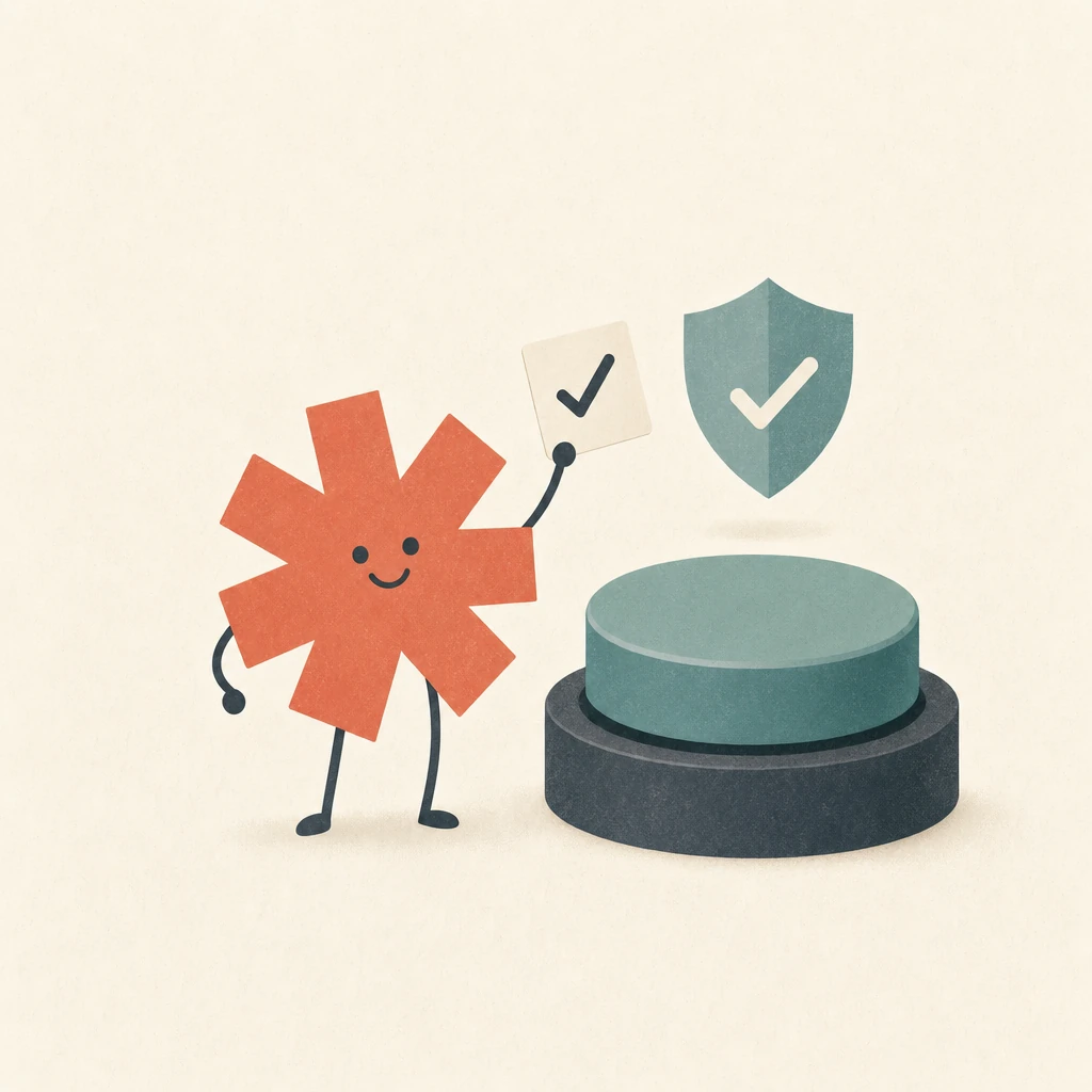 Minimal flat illustration on warm cream: a coral asterisk character with thin legs holds up a small card with a check mark in front of an oversized teal push button on a slate base, with a teal shield and check mark floating above the button