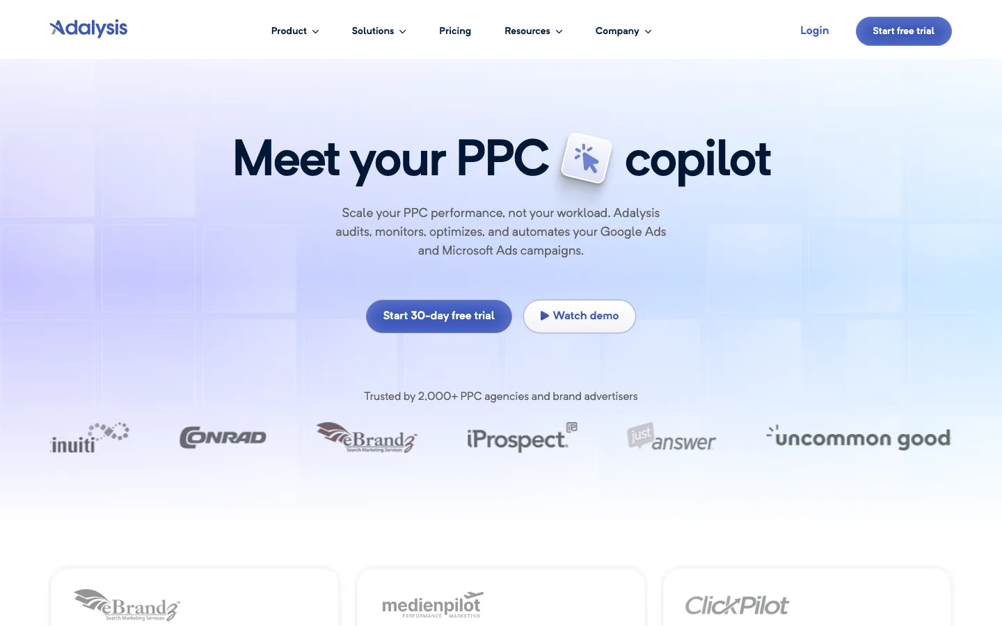 Adalysis' homepage, headlined Meet your PPC copilot, with a Start 30-day free trial button and the logos of agencies that use it