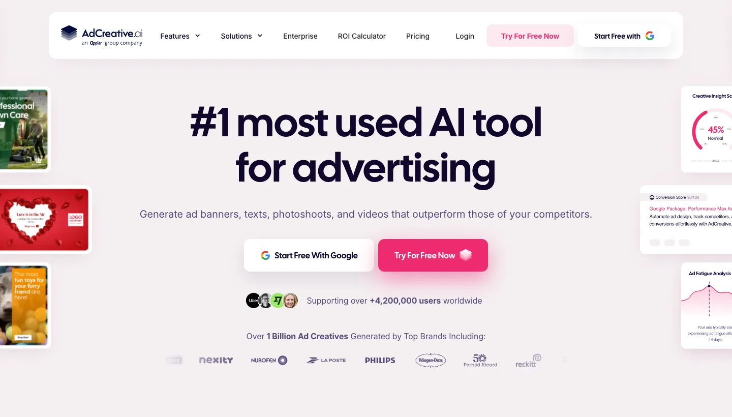 AdCreative.ai's homepage, headlined #1 most used AI tool for advertising, with Start Free With Google and Try For Free Now buttons and sample creatives
