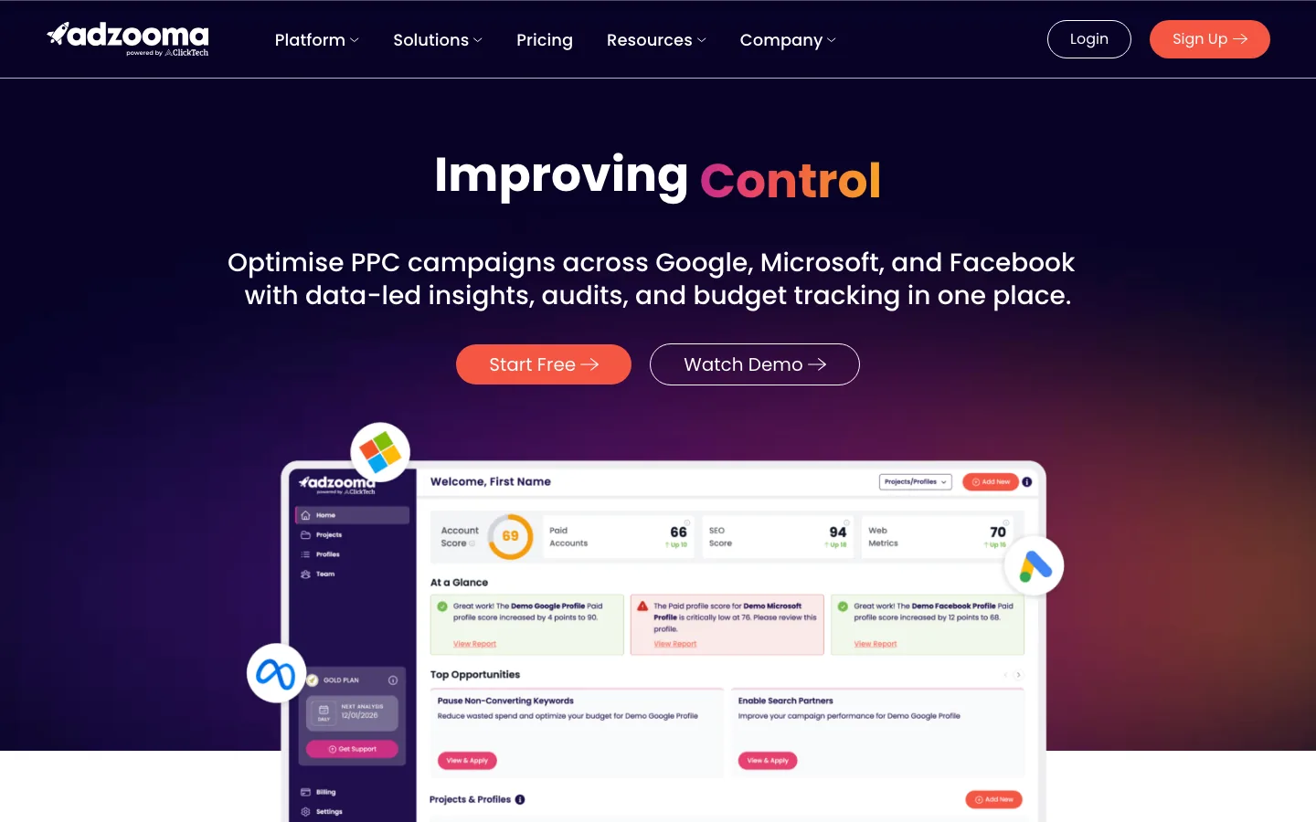 Adzooma's homepage, headlined Improving Control, about optimising PPC campaigns across Google, Microsoft and Facebook, with a dashboard preview