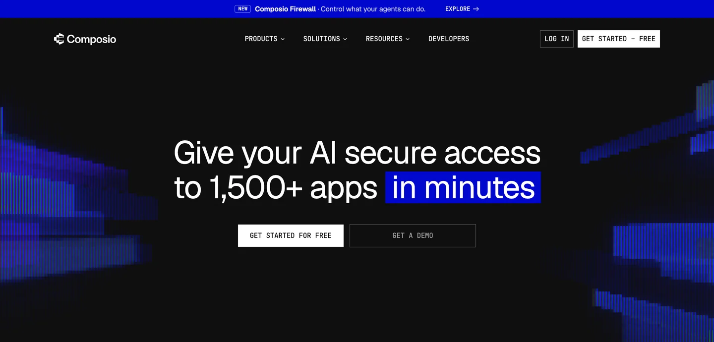 Composio's homepage on a dark background: a banner announcing Composio Firewall, Control what your agents can do, the headline Give your AI secure access to 1,500+ apps in minutes, and Get started for free and Get a demo buttons