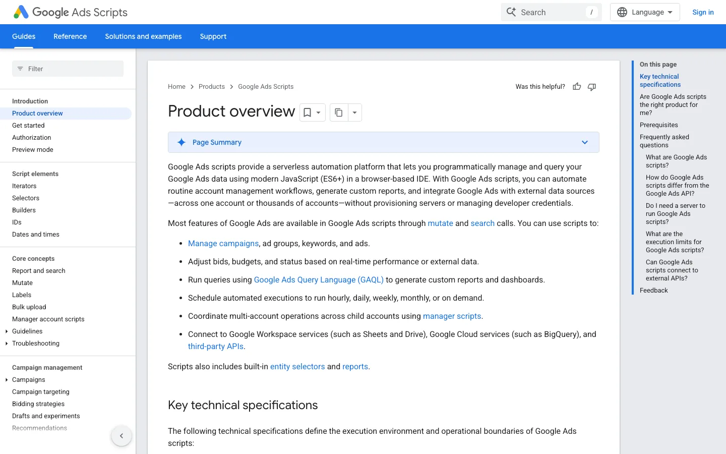Google Ads Scripts product overview on Google for Developers, describing a serverless automation platform for Google Ads with a list of what scripts can do
