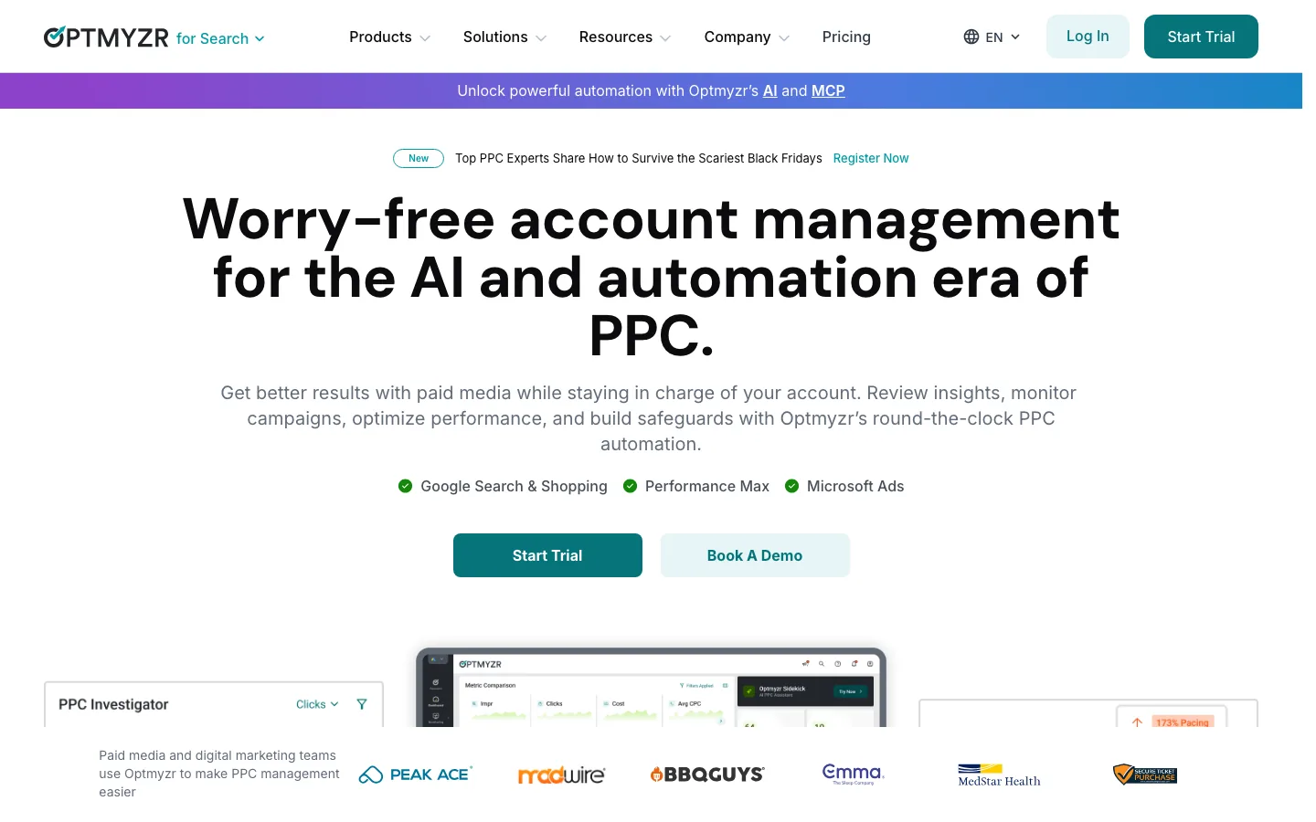 Optmyzr's homepage, headlined Worry-free account management for the AI and automation era of PPC, with Start Trial and Book A Demo buttons and a product preview