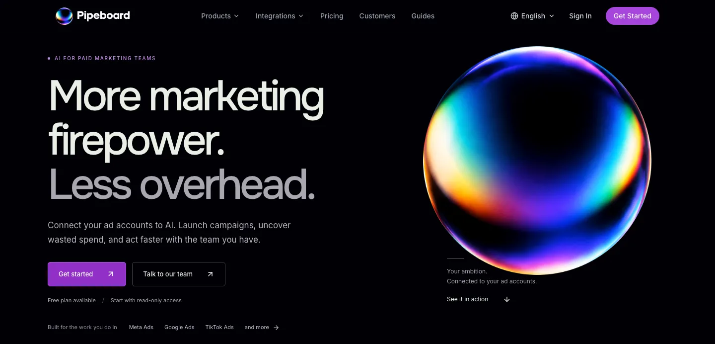 Pipeboard's homepage: the eyebrow AI for paid marketing teams, the headline More marketing firepower. Less overhead., the line Connect your ad accounts to AI. Launch campaigns, uncover wasted spend, and act faster with the team you have, Get started and Talk to our team buttons, and a glowing orb