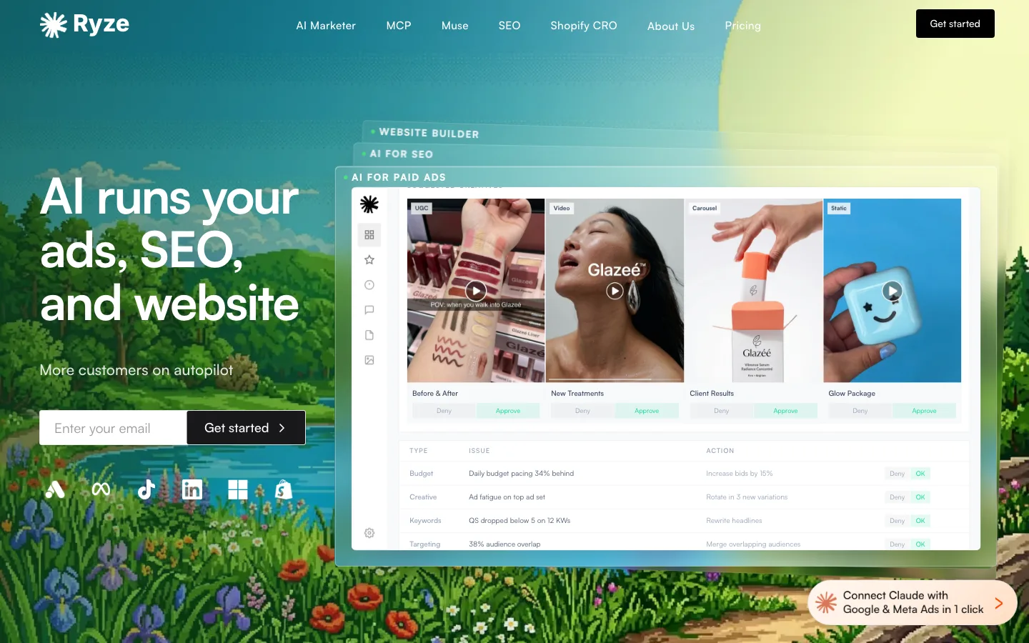 Ryze AI's homepage: the headline AI runs your ads, SEO, and website, the line More customers on autopilot, an email sign-up box, platform icons, and a mock-up of its app with ad creatives and fixes waiting for approval