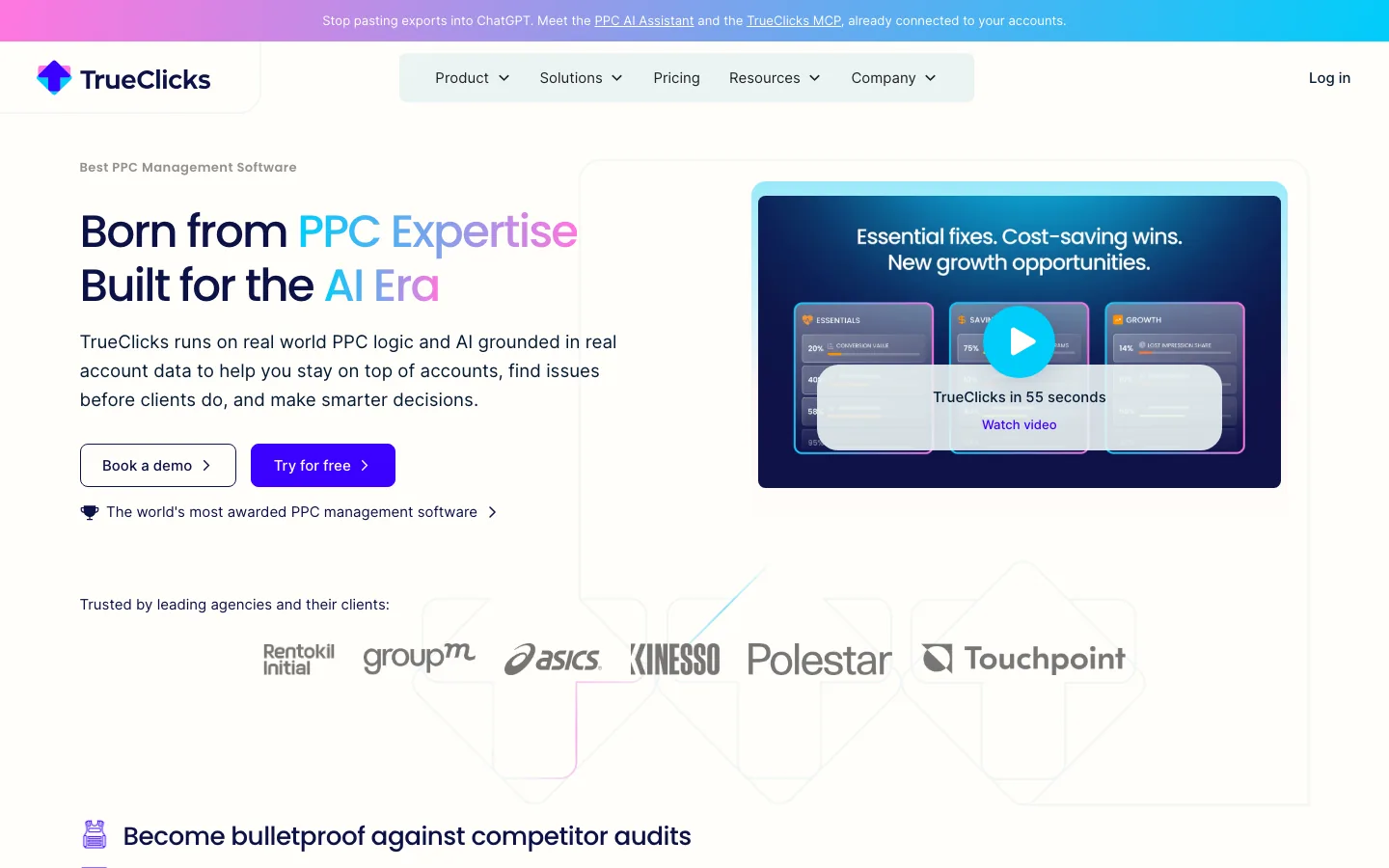 TrueClicks' homepage, headlined Born from PPC Expertise, Built for the AI Era, with a product video and the logos of agencies that use it