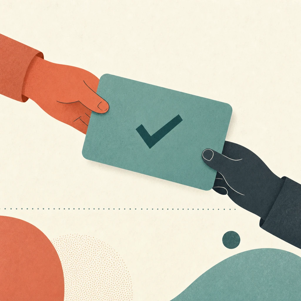 Minimal flat illustration on warm cream: two small rounded hands, one coral and one slate, exchanging an oversized muted teal card carrying a single bold check mark above a soft dotted dividing line