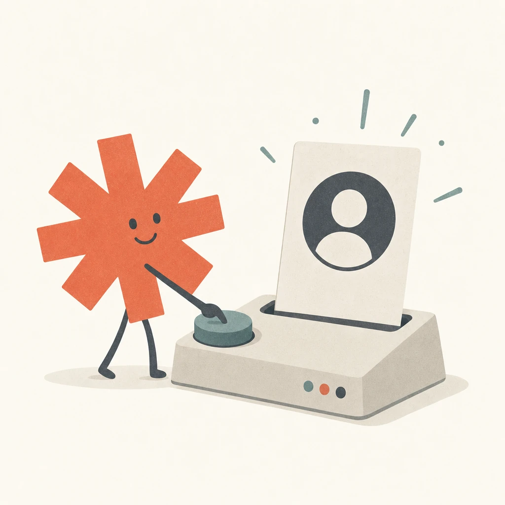 Minimal flat illustration on warm cream: a coral asterisk character with thin legs pressing one oversized muted teal button on a small flat console, with a flat post-card carrying a slate avatar circle popping up from the console like toast