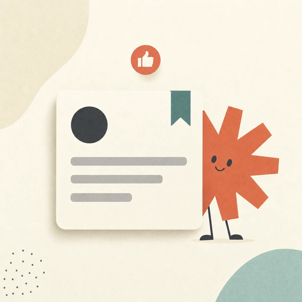 Minimal flat illustration on warm cream: an oversized feed-post card with a slate avatar circle, grey text bars, a small teal ribbon tag pinned to the corner, and a coral thumbs-up dot floating above it, with a coral asterisk character peeking from behind the card