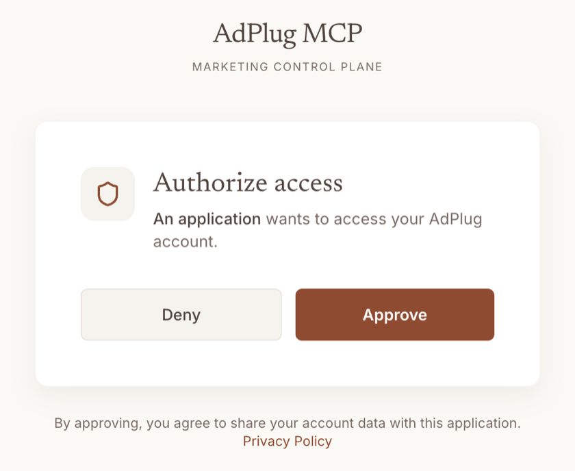 AdPlug Authorize access screen asking whether an application may access your AdPlug account, with Deny and Approve buttons.