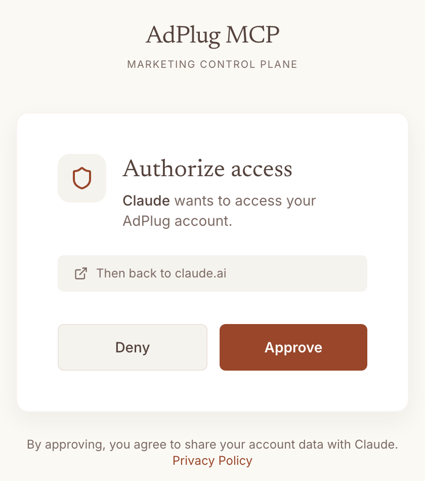 AdPlug Authorize access screen saying Claude wants to access your AdPlug account, then back to claude.ai, with Deny and Approve buttons.