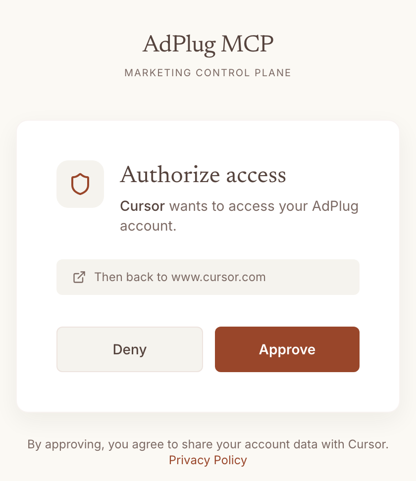 AdPlug Authorize access screen for Grok Bot saying Cursor wants to access your AdPlug account, then back to www.cursor.com, with Deny and Approve buttons.