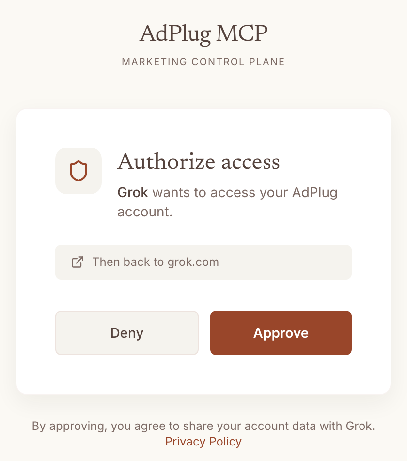 AdPlug Authorize access screen saying Grok wants to access your AdPlug account, then back to grok.com, with Deny and Approve buttons.