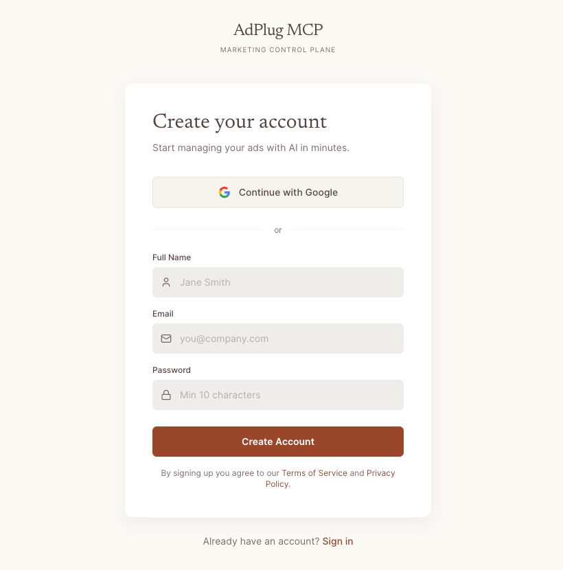 AdPlug Create your account screen with a Continue with Google button and name, email and password fields.
