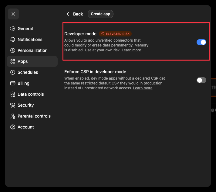 ChatGPT Advanced settings with the Developer mode toggle switched on, highlighted, and labelled Elevated risk.