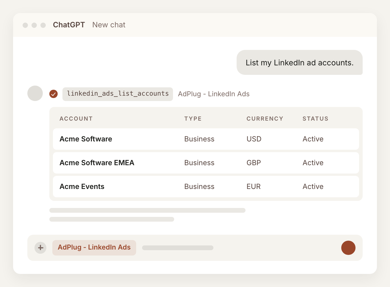 ChatGPT answering 'List my LinkedIn ad accounts' with the AdPlug - LinkedIn Ads app selected, showing each account's name, type, currency and status.
