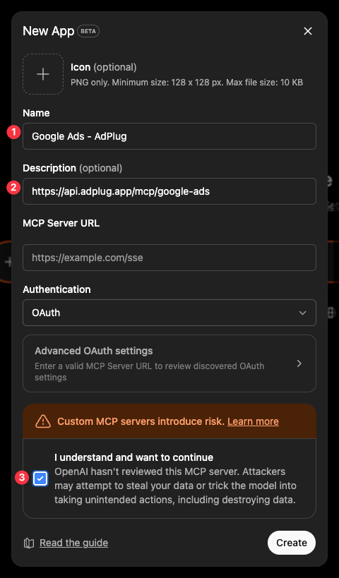 ChatGPT New App dialog showing the Name, Description, MCP Server URL and Authentication fields, with the I understand and want to continue box ticked.