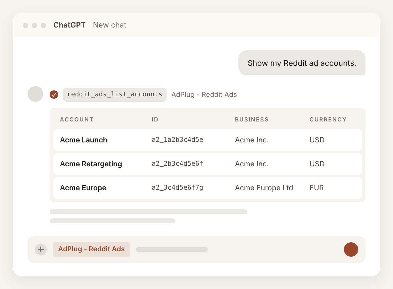 ChatGPT answering 'Show my Reddit ad accounts' with the AdPlug - Reddit Ads app selected, showing each account's name, ID, business and currency.