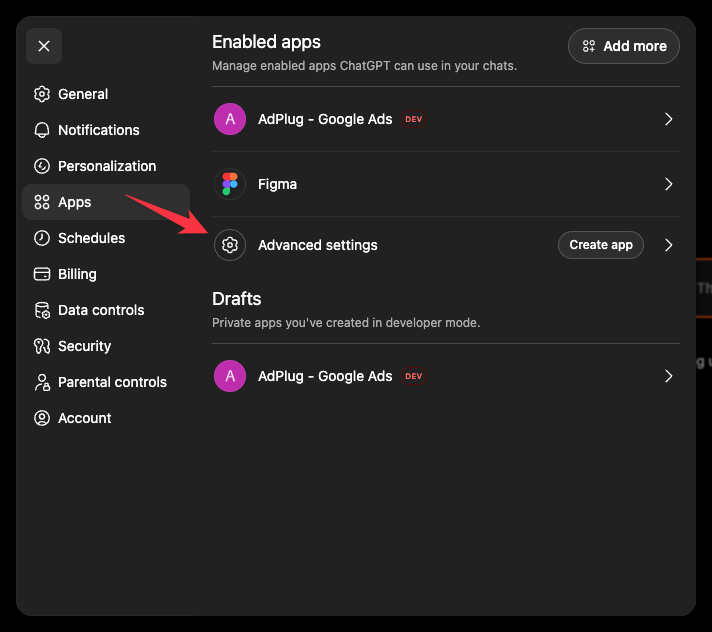 ChatGPT Settings on the Apps tab, listing enabled apps, with an arrow pointing to the Advanced settings row and its Create app button.